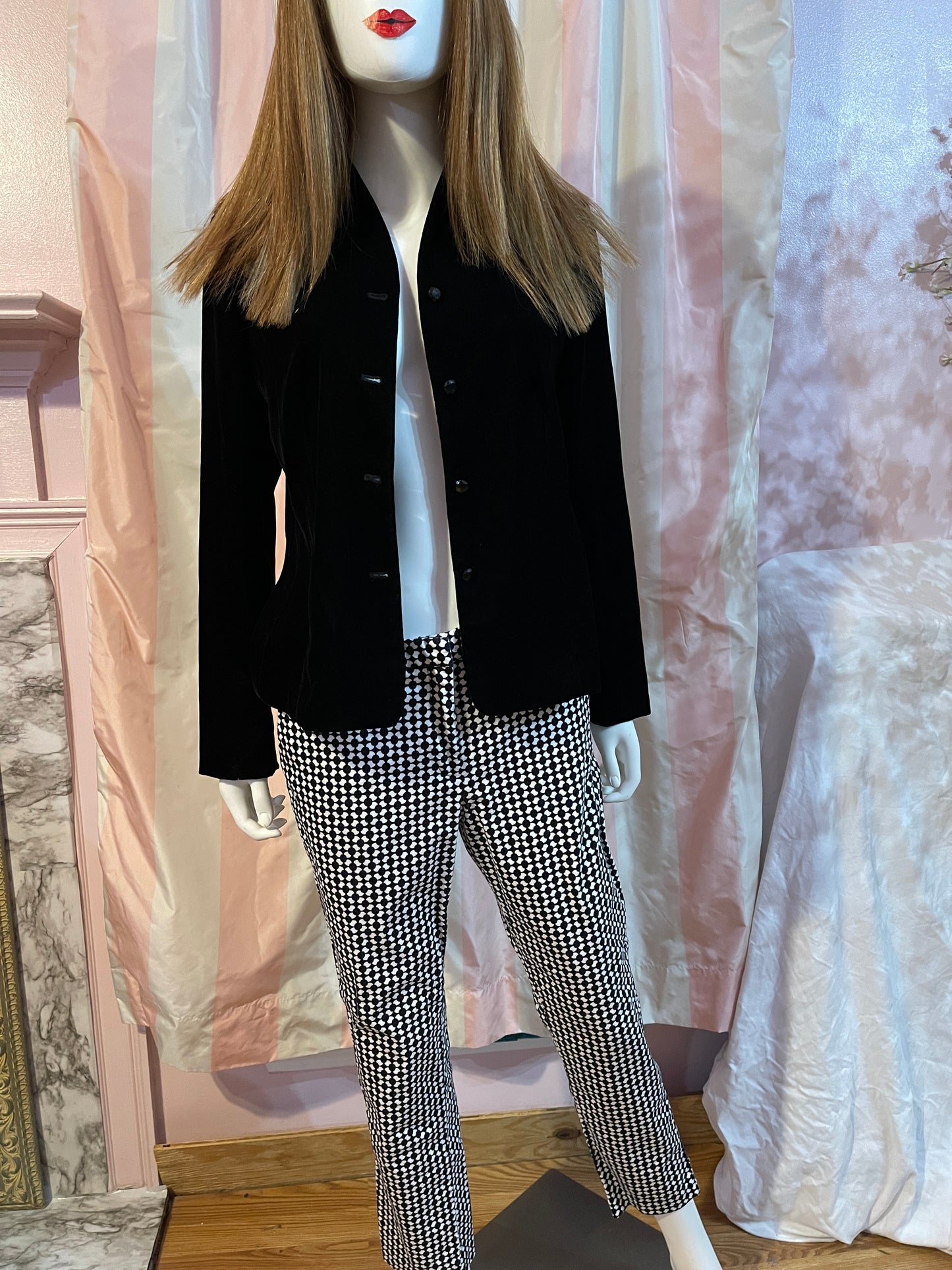 Black Velvet Shirt Jacket & Blk White Trouser Pants