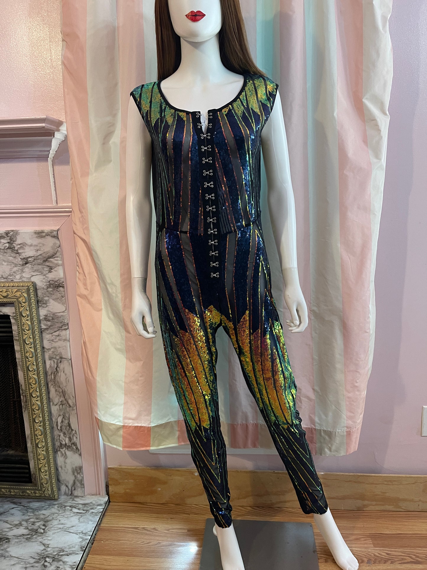 Vintage Black Blue Gold Sequin Jumpsuit
