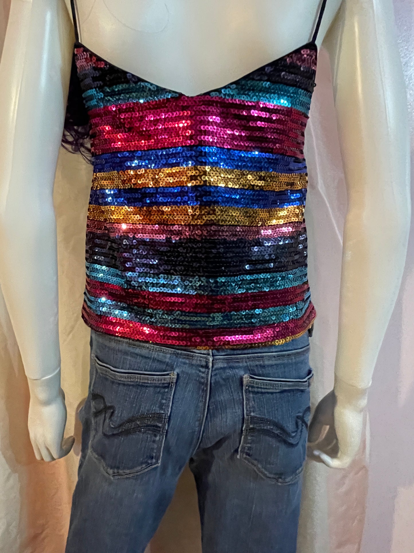 Rainbow Disco Sequin Top & Distressed Denim Jeans