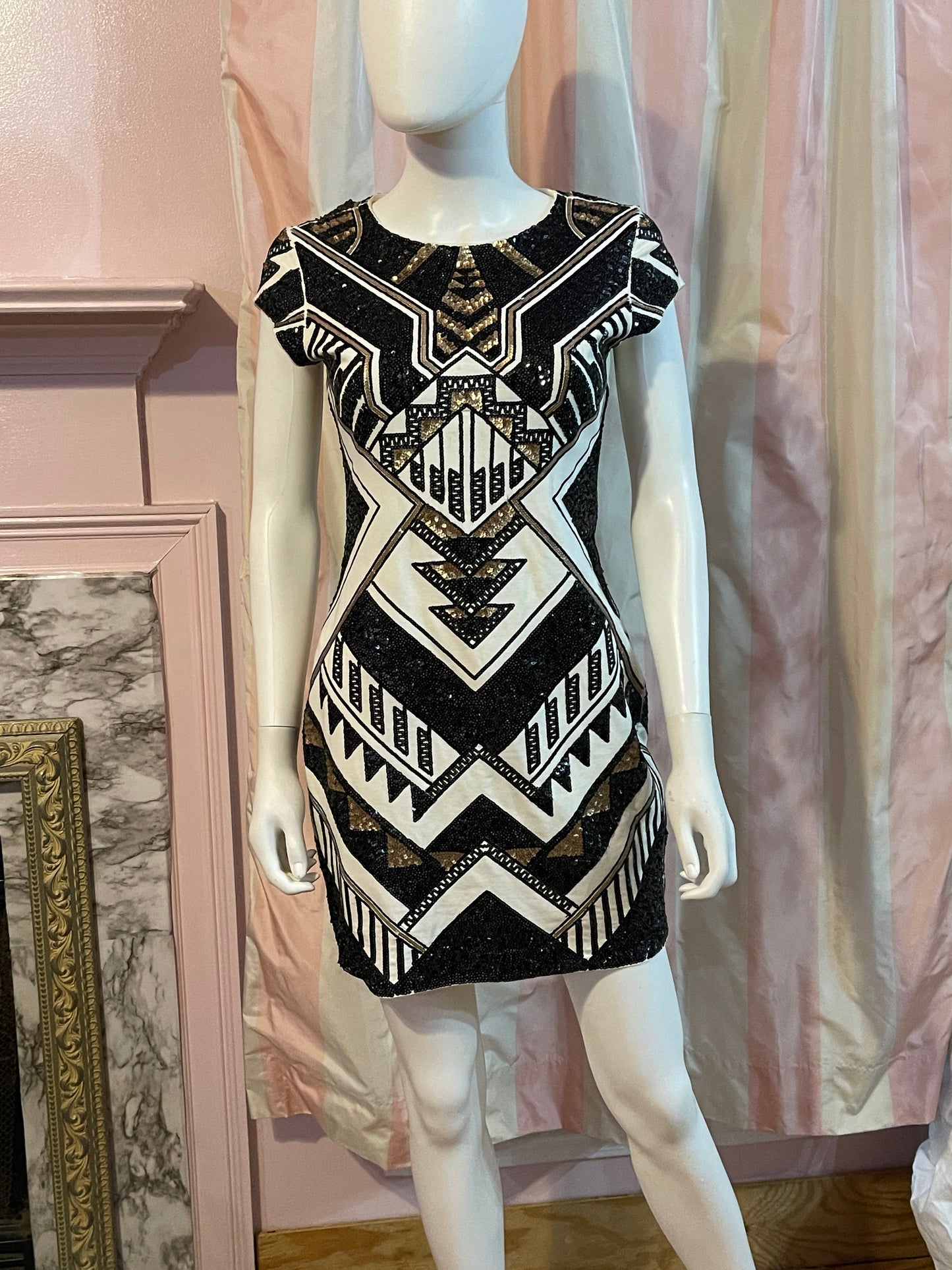 White Black Tribal Abstract Sequin Mini Dress