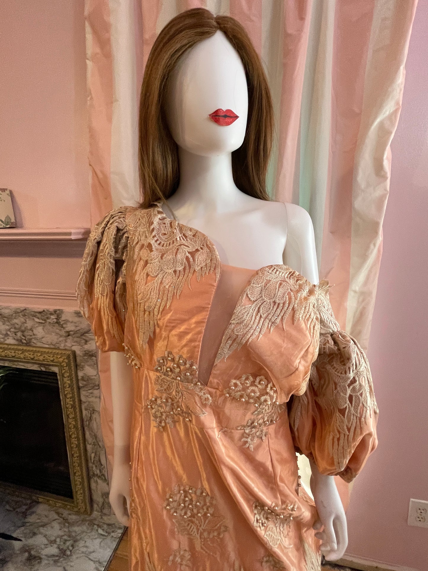 Vintage Pink Peach Satin Lace Dress Gown