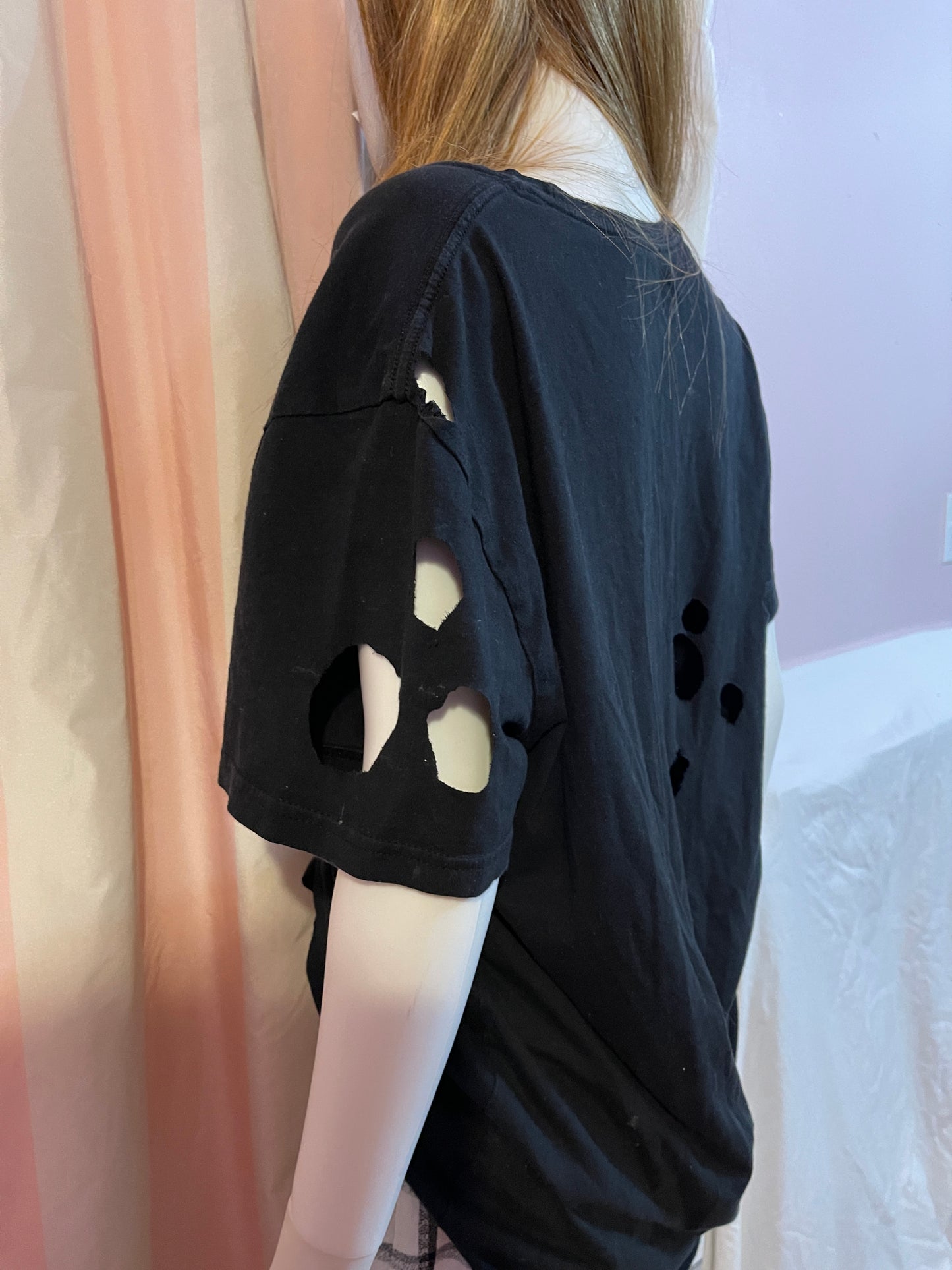 Black Cut Out Large Tee Shirt with White Plaid Trousers