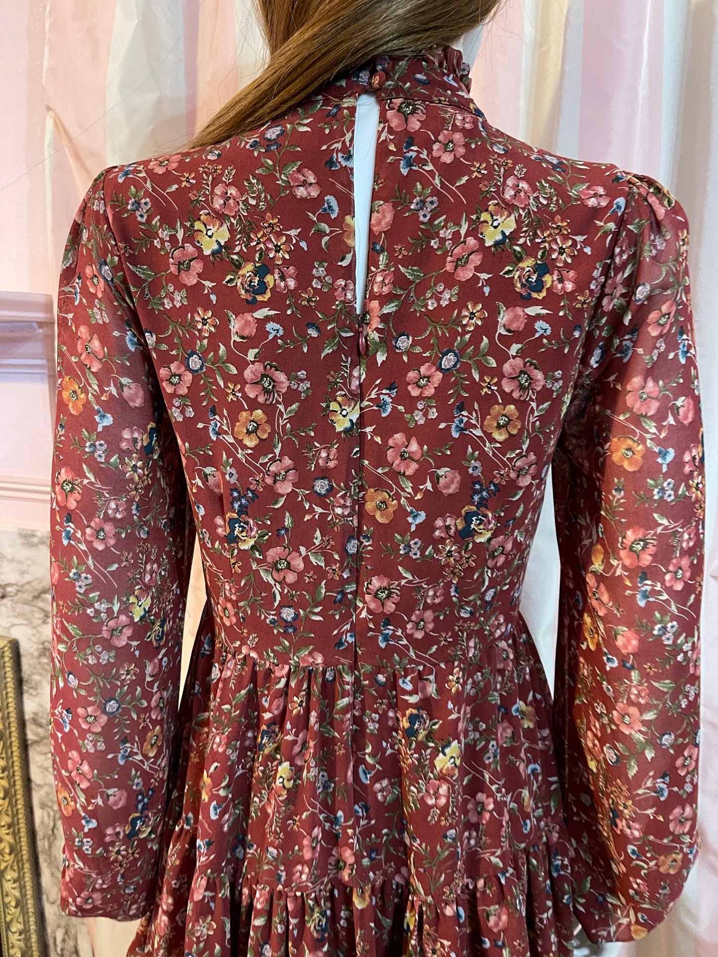 Victorian Silky Brown Festival Floral Dress