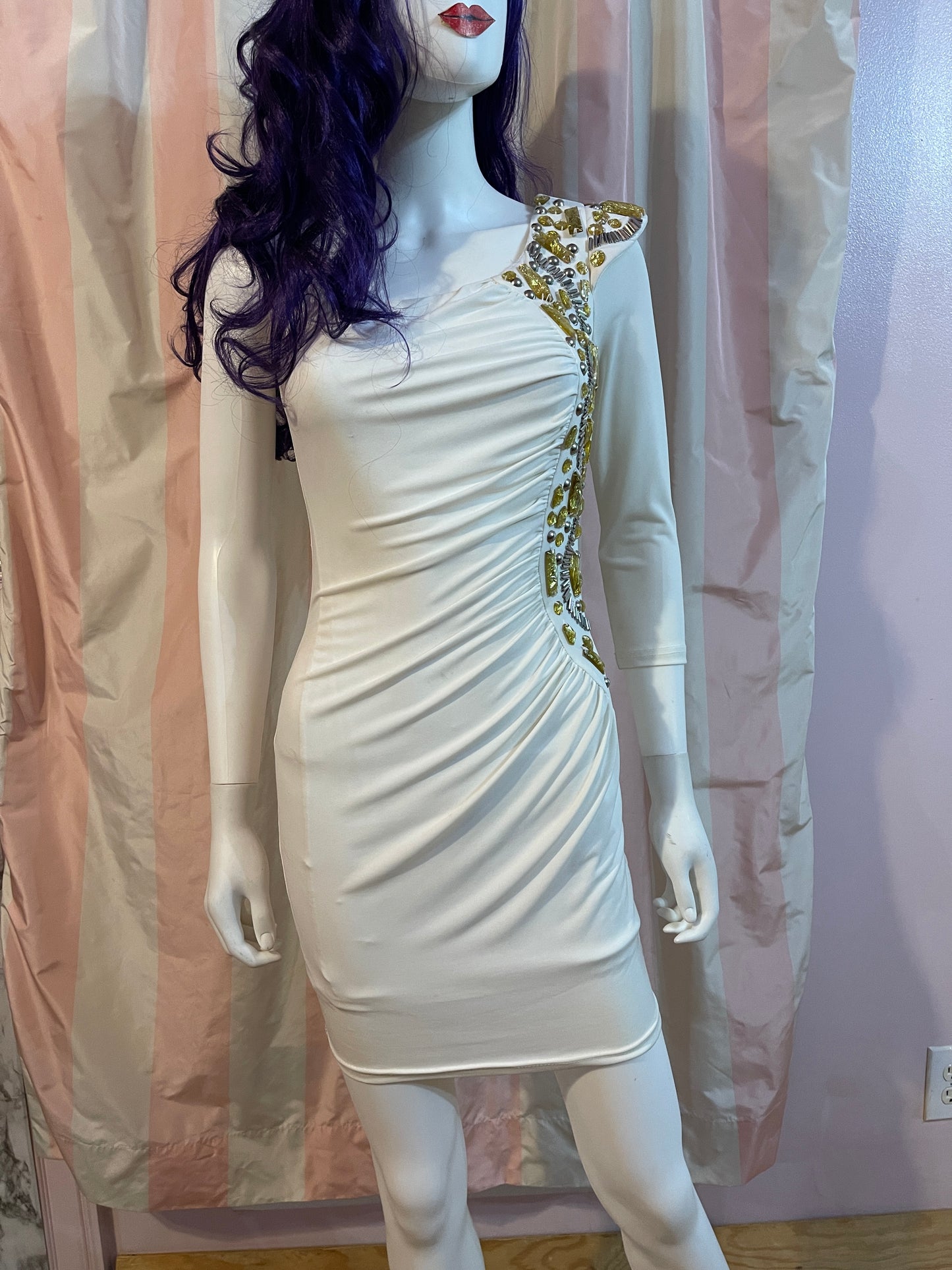 White Gold Sequin One Shoulder Stretch Dress