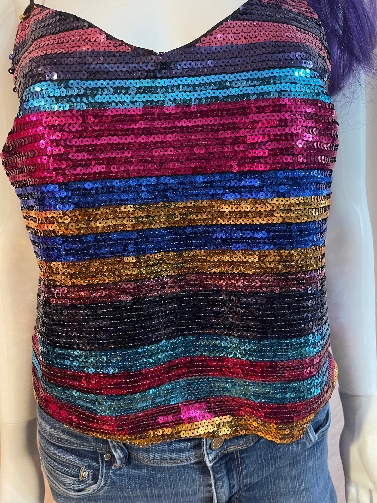 Rainbow Disco Sequin Top & Distressed Denim Jeans