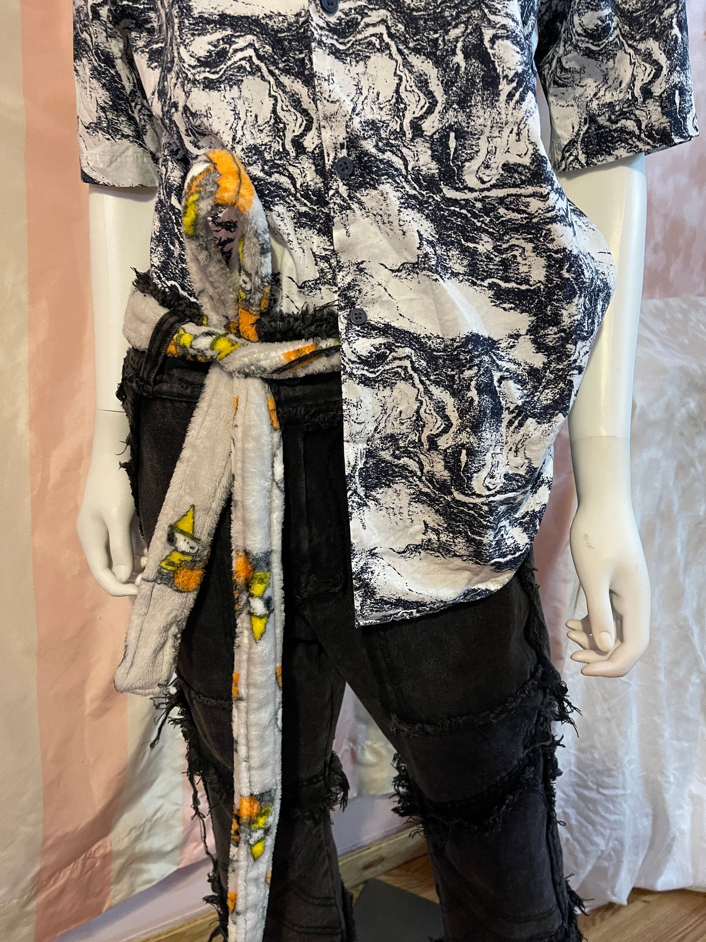 White Abstract short sleeve button shirt