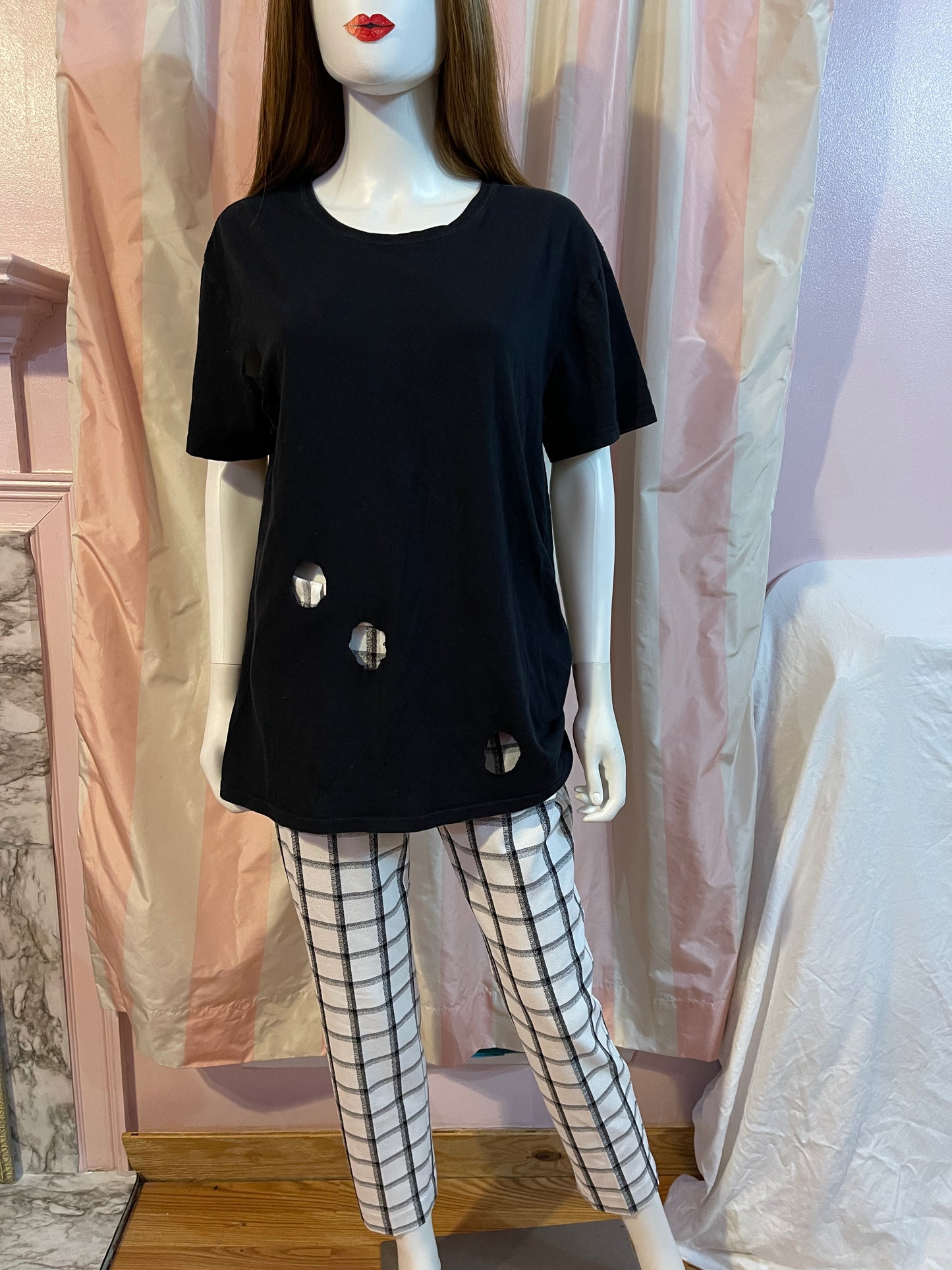Black Cut Out Large Tee Shirt with White Plaid Trousers