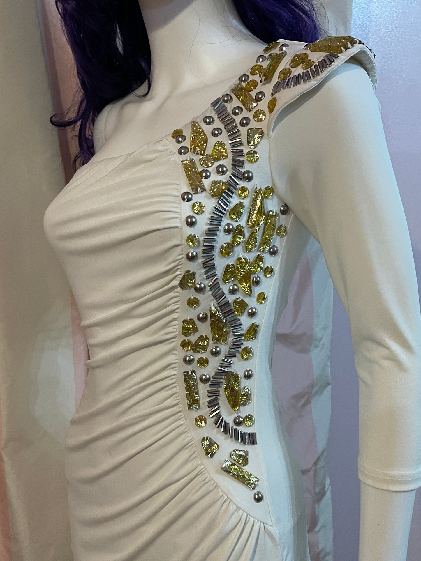 White Gold Sequin One Shoulder Stretch Dress