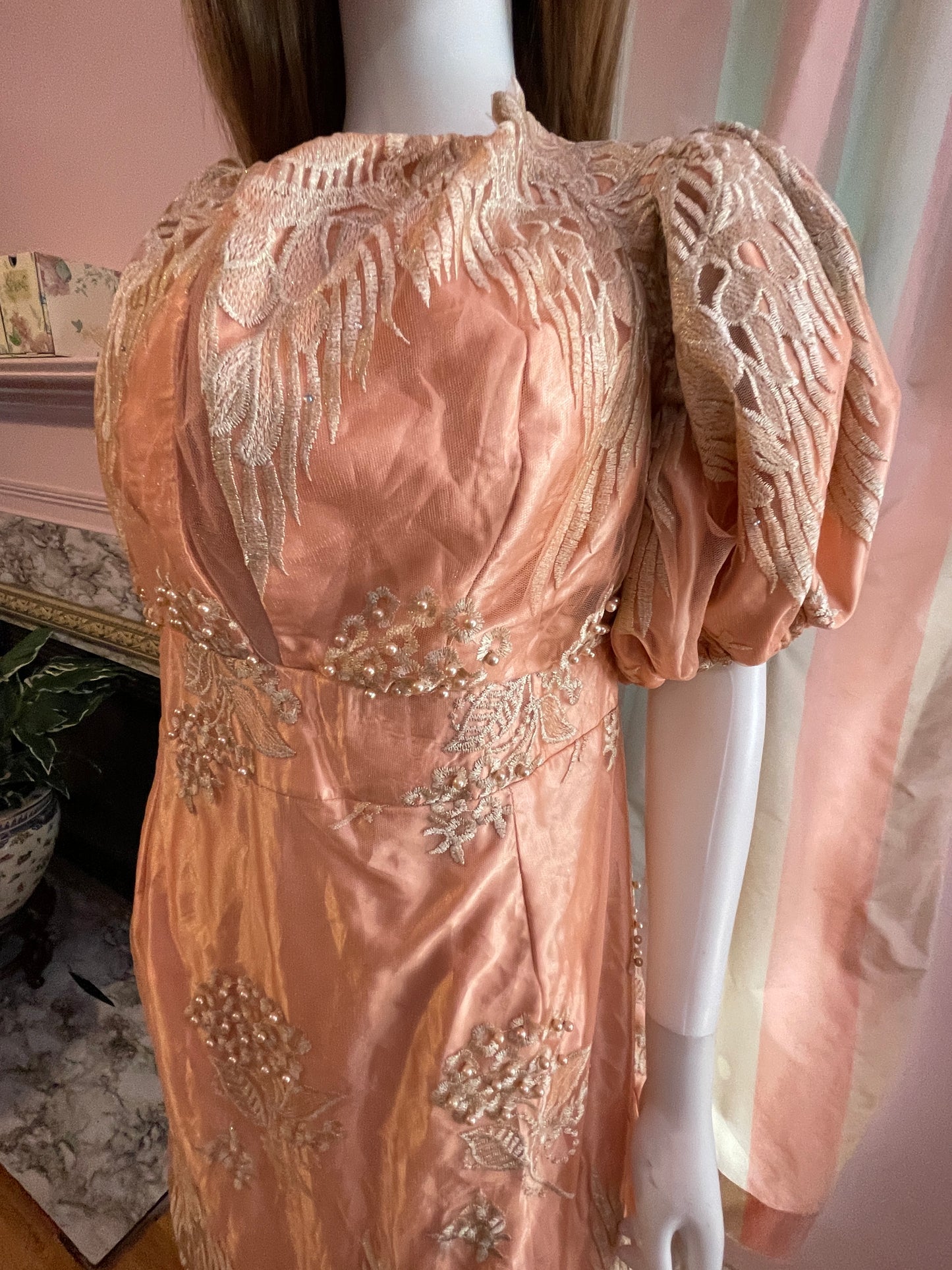 Vintage Pink Peach Satin Lace Dress Gown