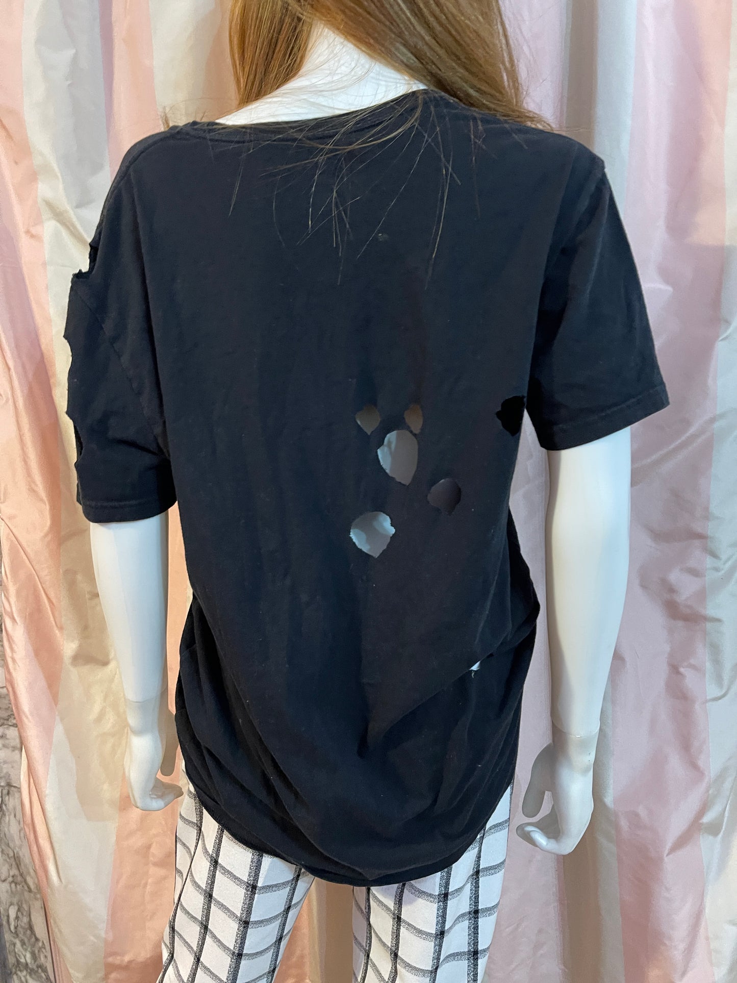 Black Cut Out Large Tee Shirt with White Plaid Trousers