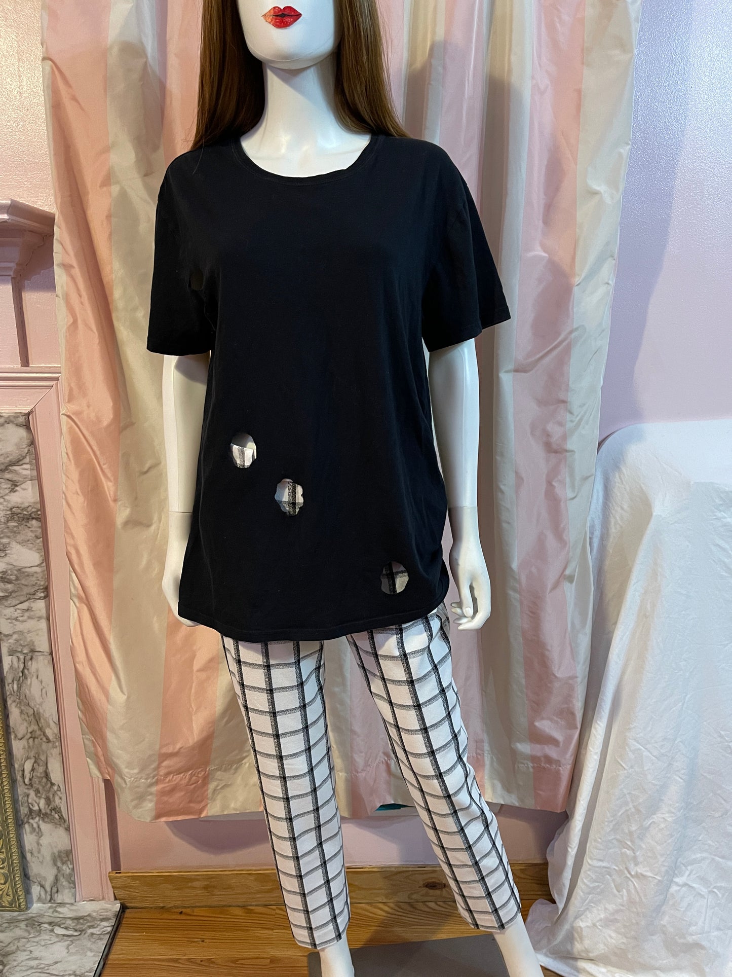 Black Cut Out Large Tee Shirt with White Plaid Trousers