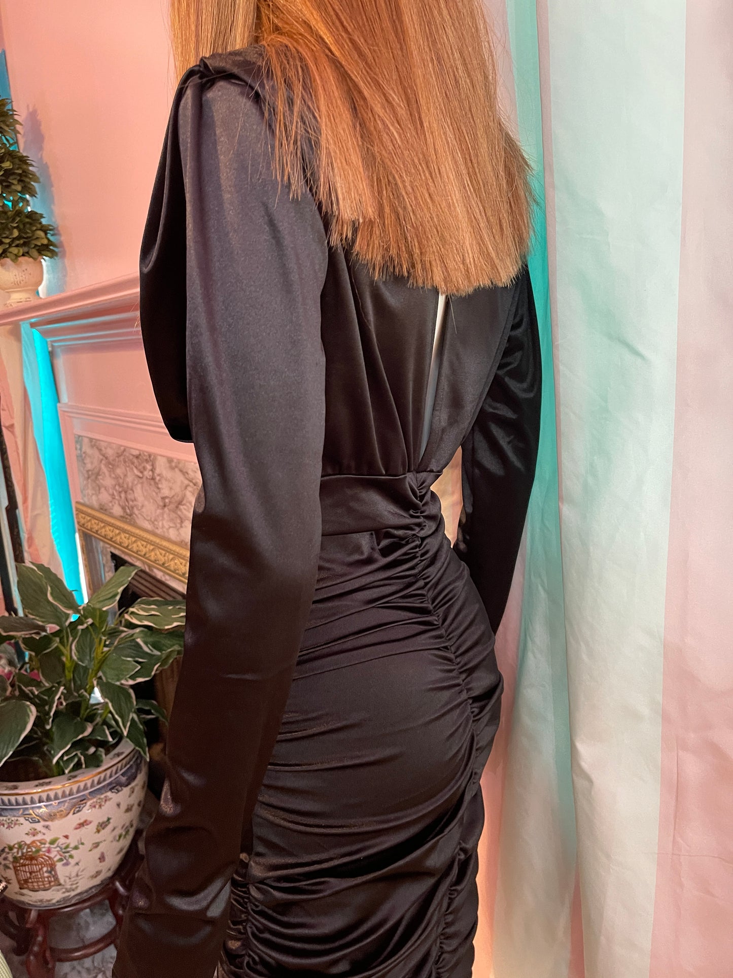 Blacks Satin Victorian Stretch Ruche Dress