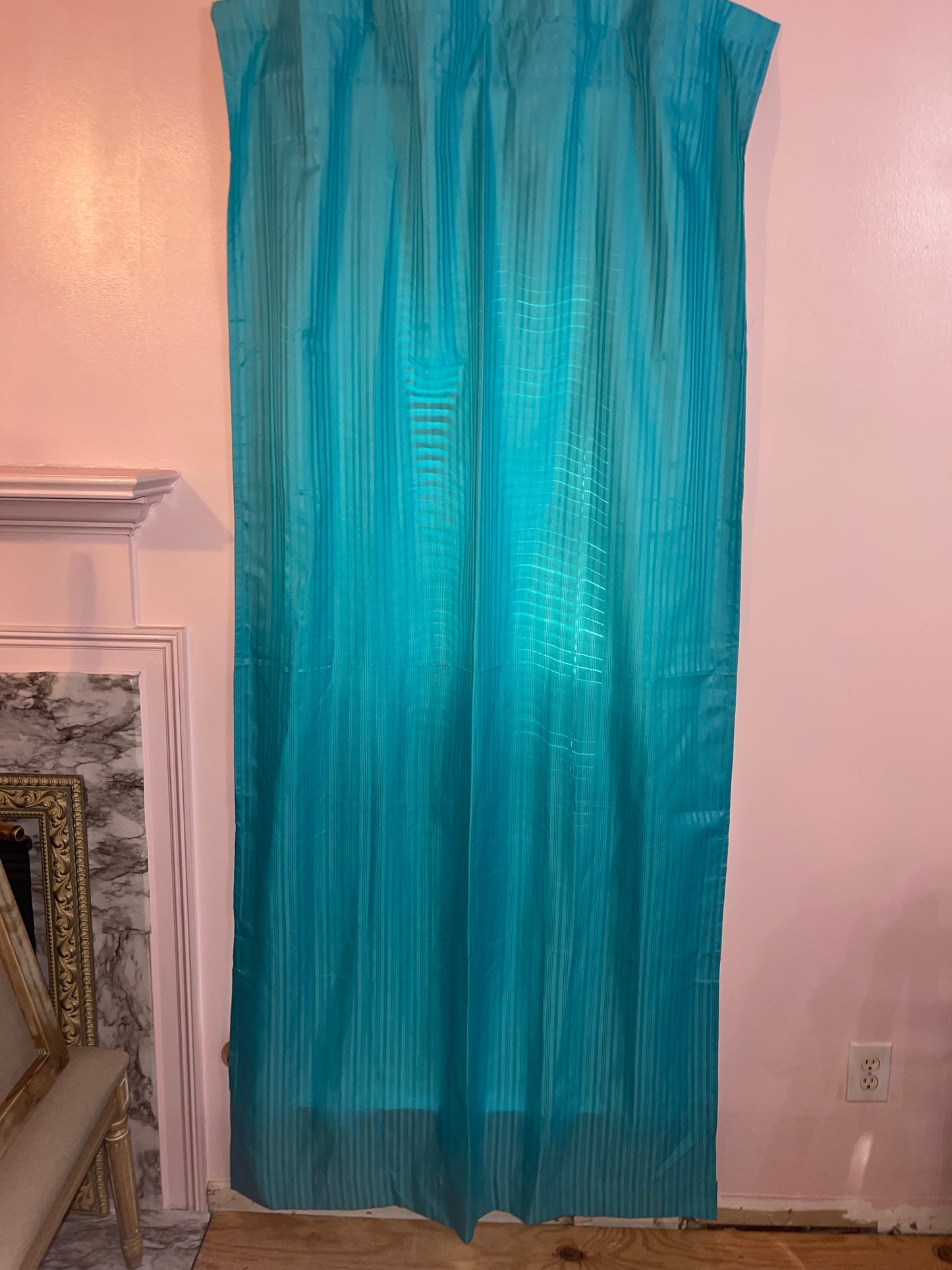 CURTAIN RENTAL TURQUOISE BLUE STRIPED SATIN SILK LINED CURTAIN PANELS fancy French Victorian