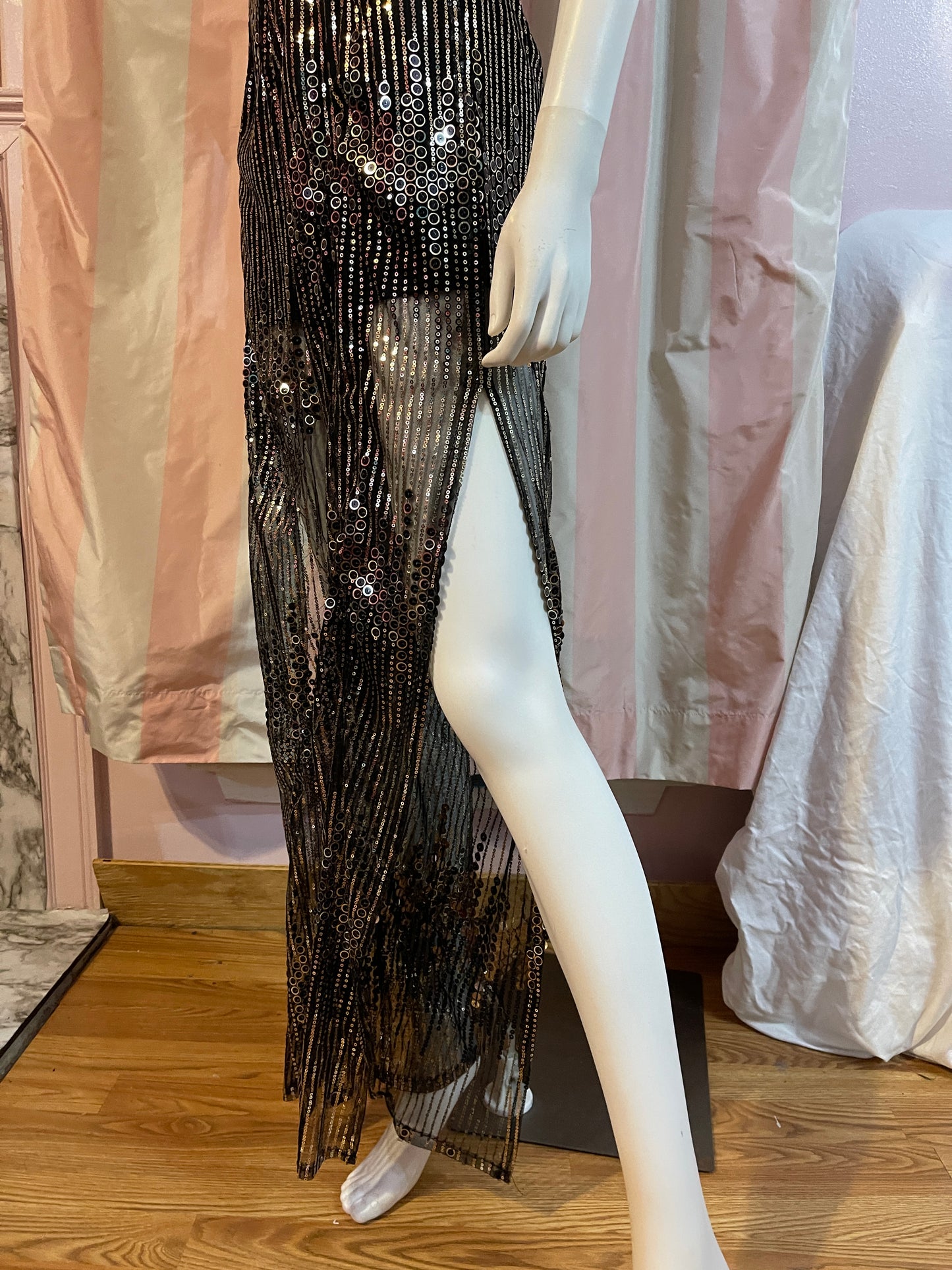 Vintage Gold Lane Black Sequin Sheer pantsuit