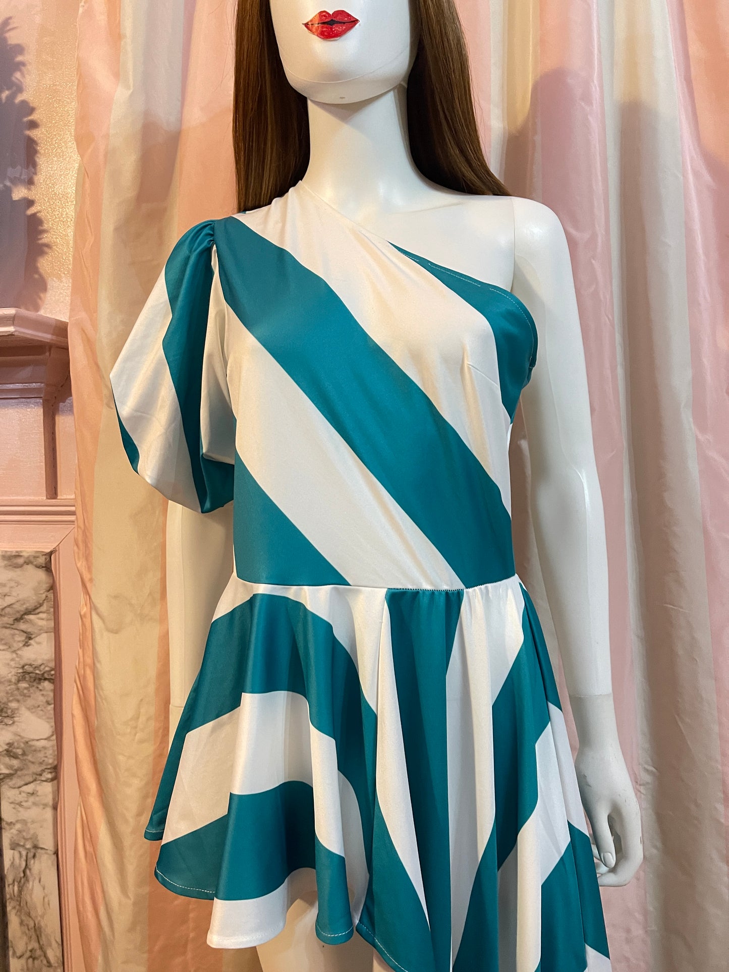 Green White Striped One Shoulder Hi lo open skirt peplum dress