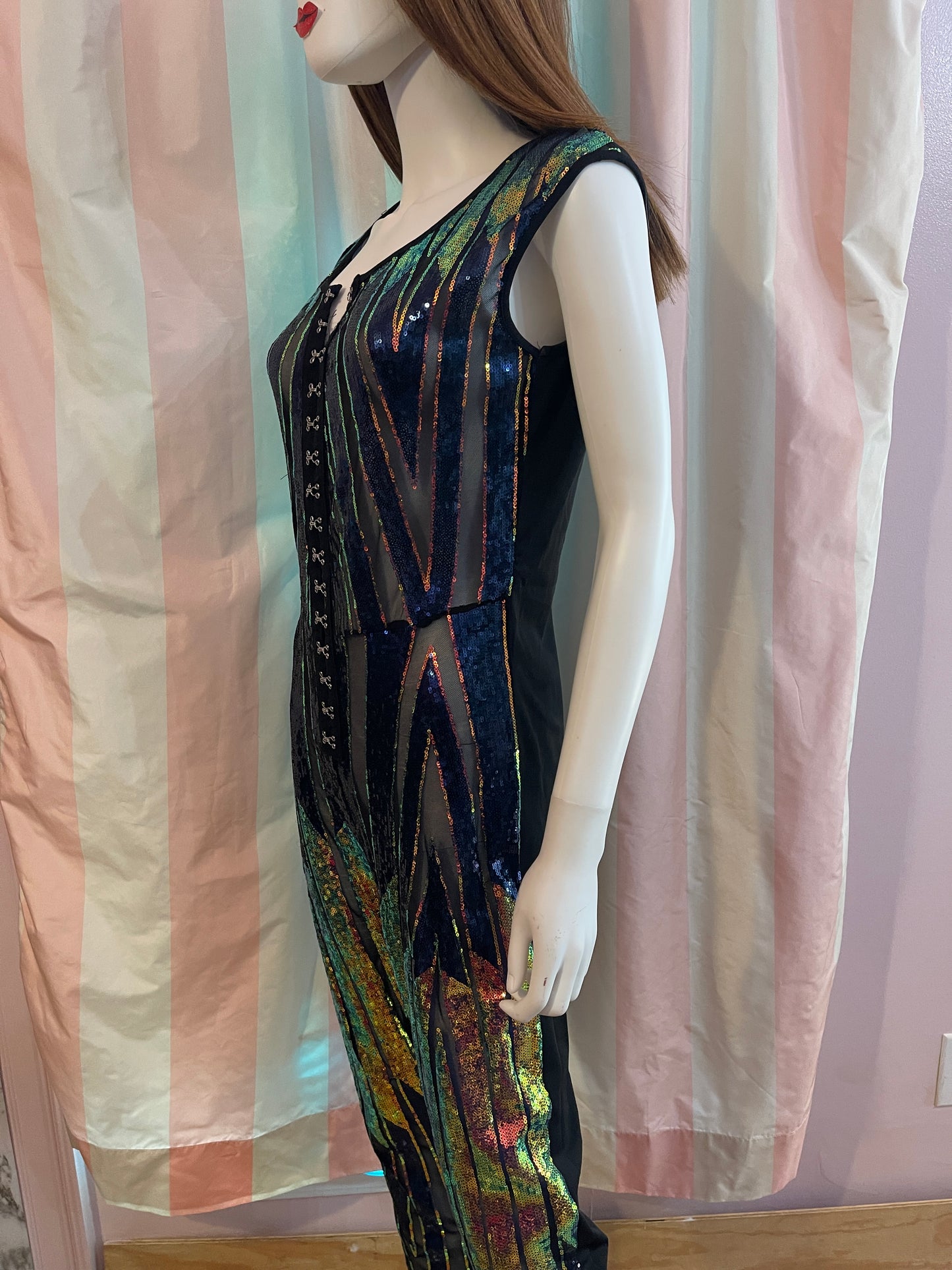 Vintage Black Blue Gold Sequin Jumpsuit