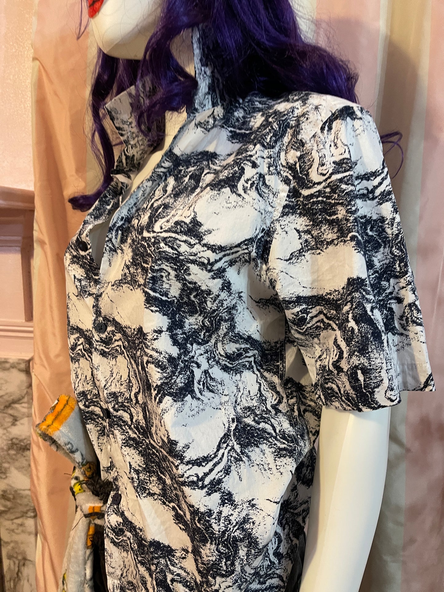 White Abstract short sleeve button shirt