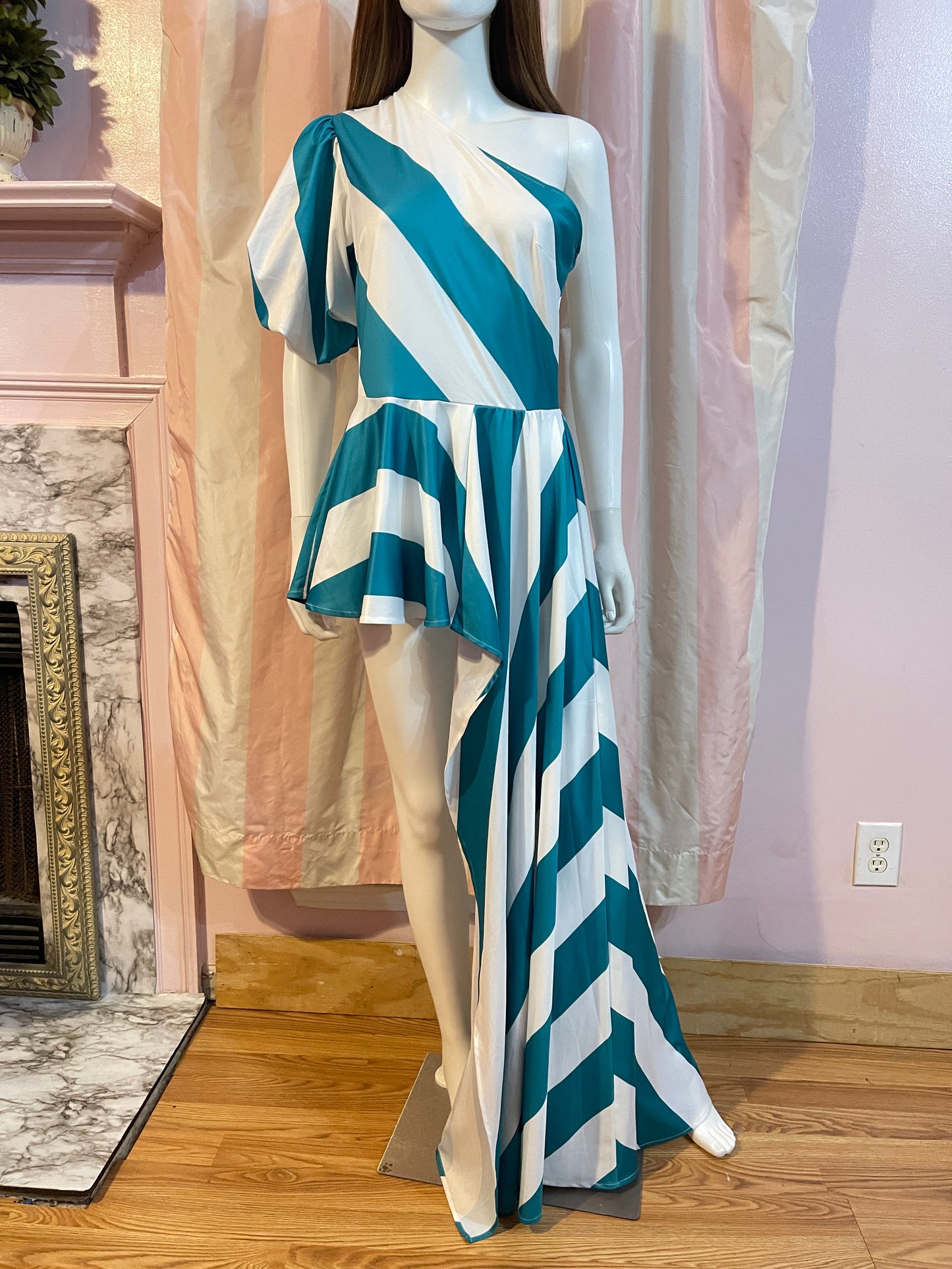 Green White Striped One Shoulder Hi lo open skirt peplum dress