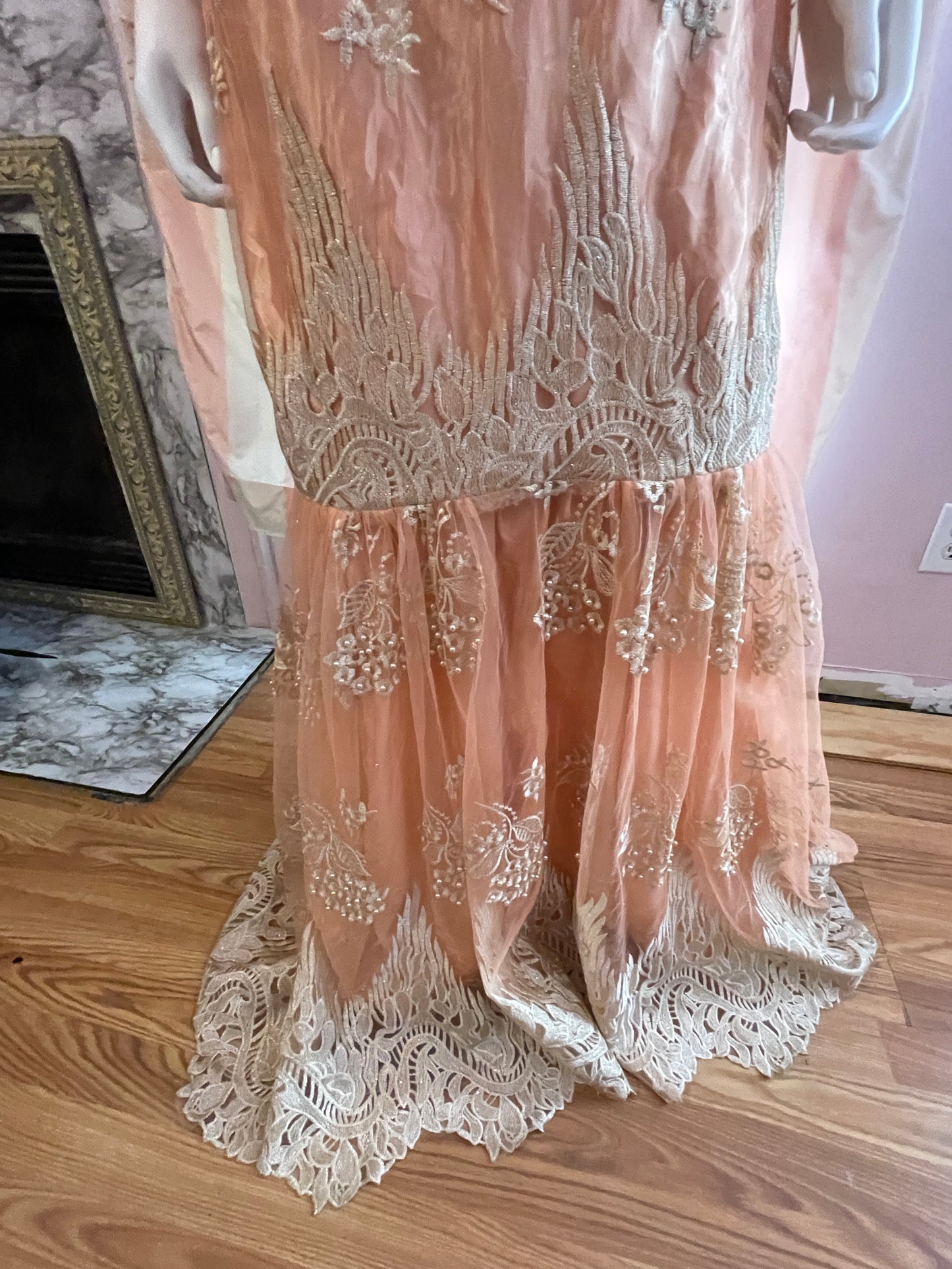 Vintage Pink Peach Satin Lace Dress Gown
