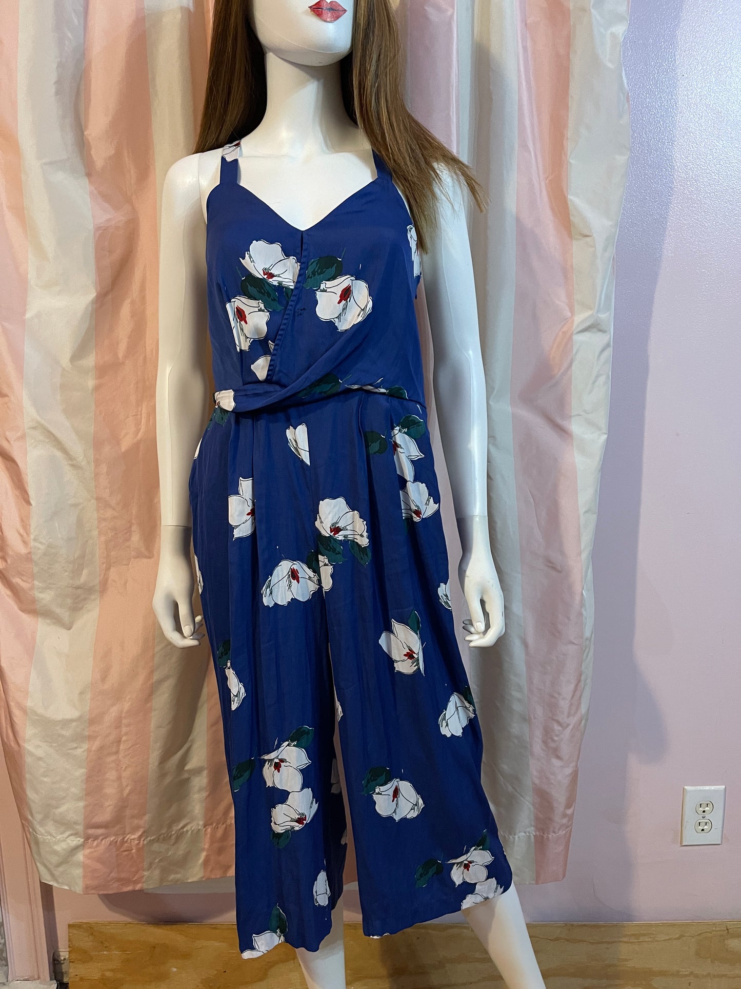 Royal blue floral pantsuit romper culottes