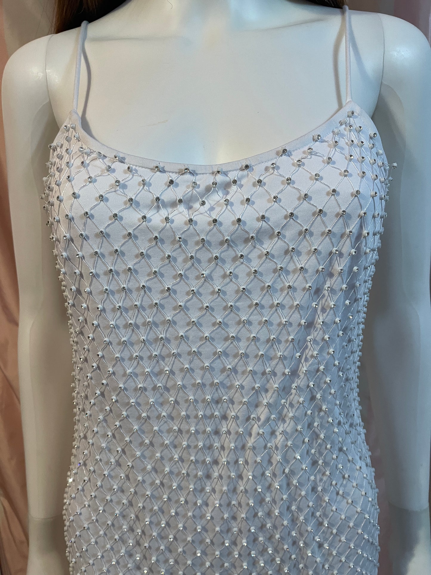 White Rhinestone Stretch Wedding Fishnet Dress