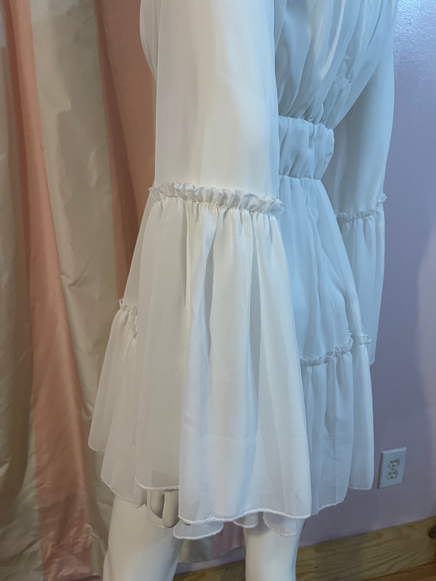 White Sheer Layered Plunge Wedding Empire Baby Doll Flounce Boho Dress