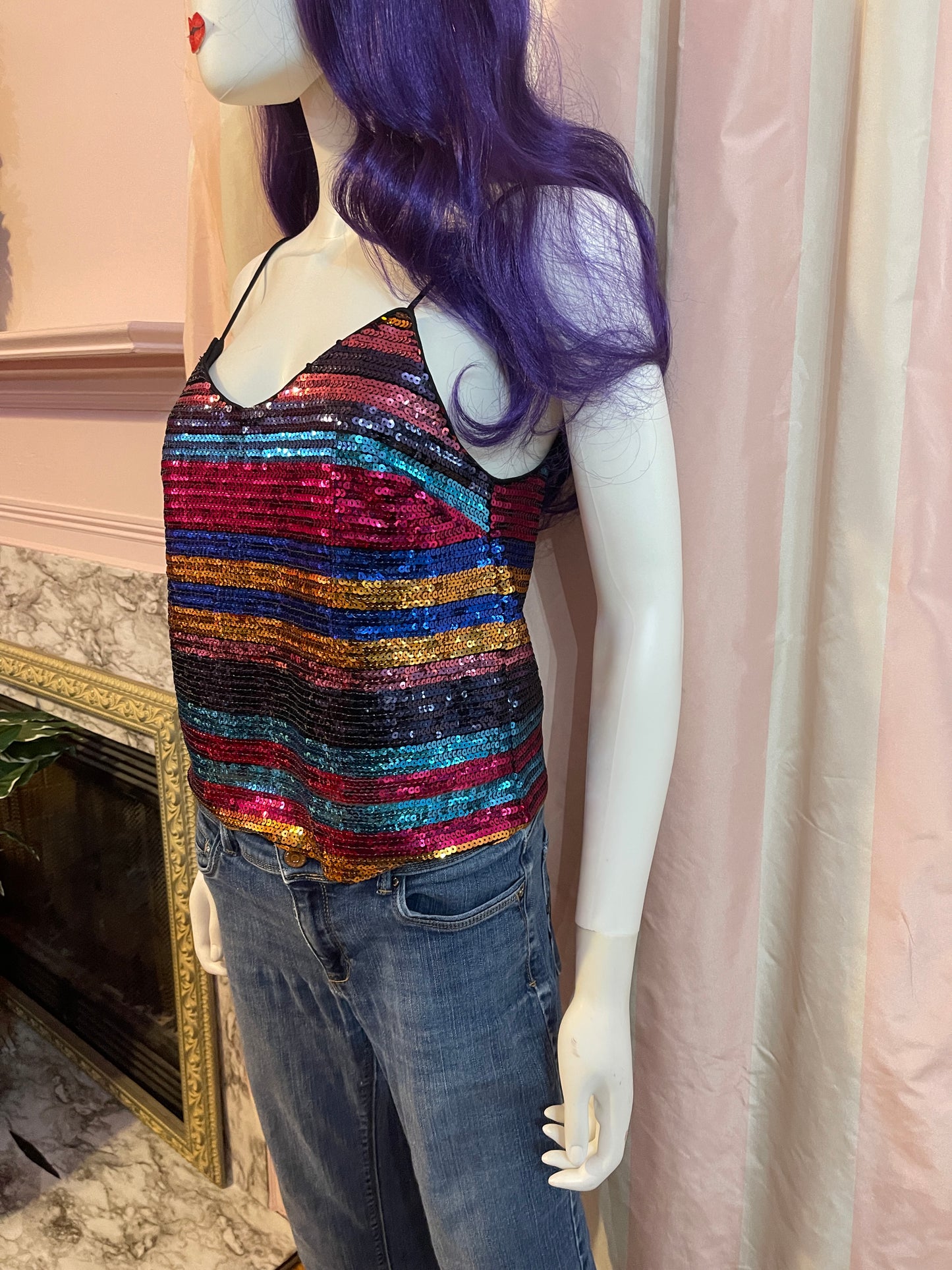 Rainbow Disco Sequin Top & Distressed Denim Jeans