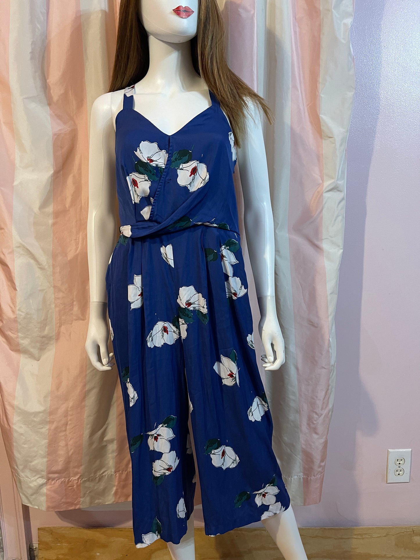 Royal blue floral pantsuit romper culottes