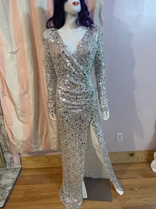 Silver Sequin Plunge Wrap Stretch Dress Gown