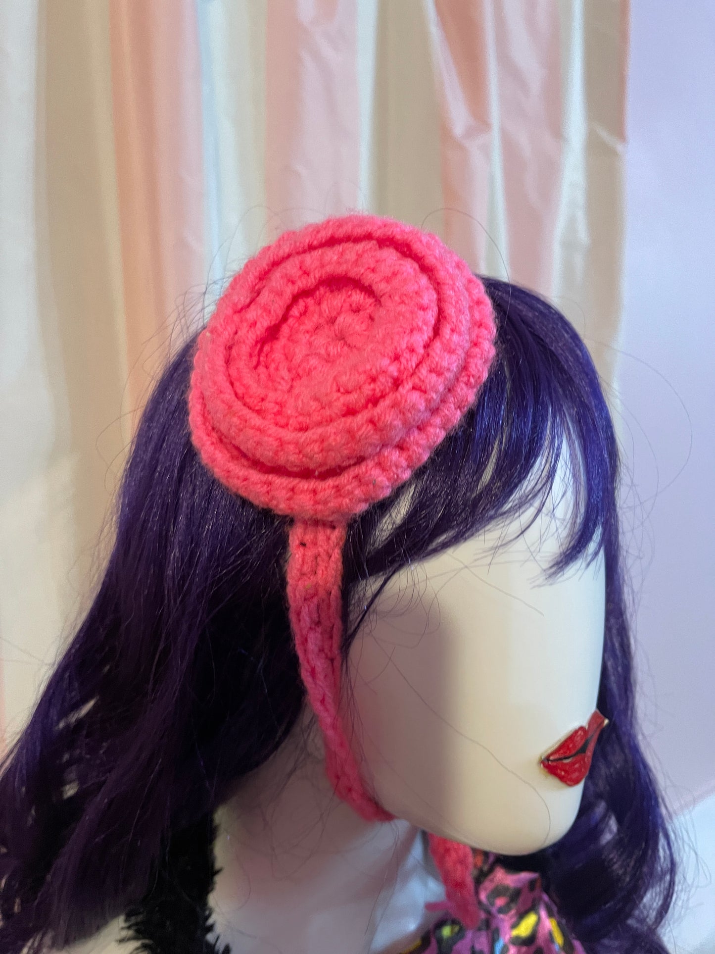 Pink Knit Flower Head Band Hat Headdress