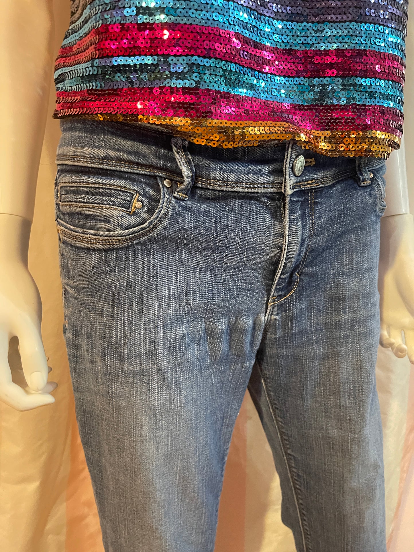 Rainbow Disco Sequin Top & Distressed Denim Jeans