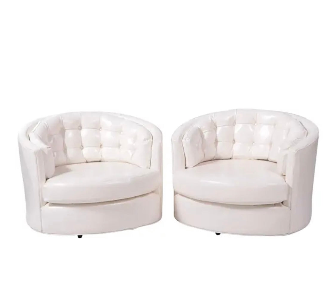 SOLD Modern White Tufted Faux Leather Tub Chairs