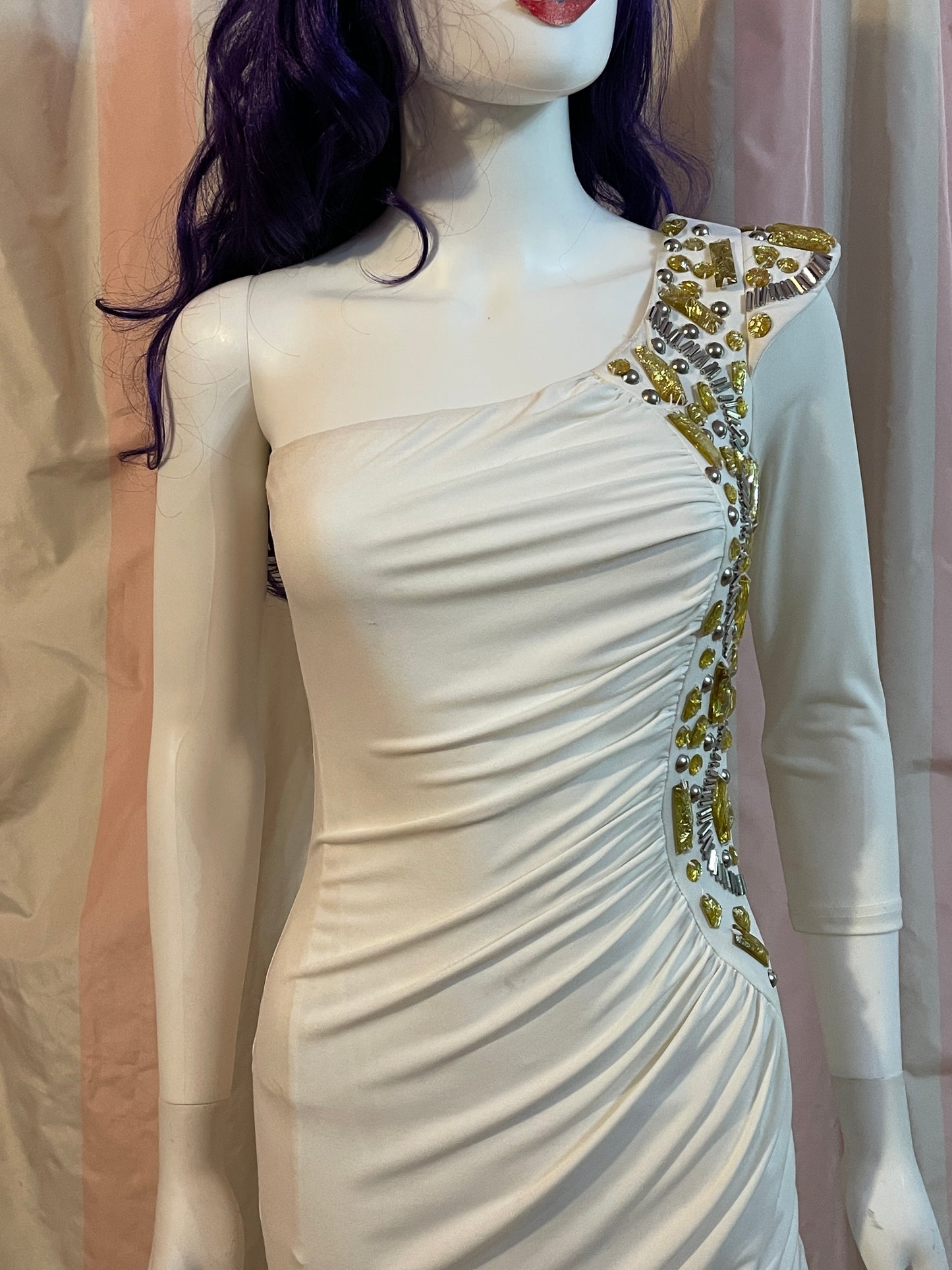 White Gold Sequin One Shoulder Stretch Dress