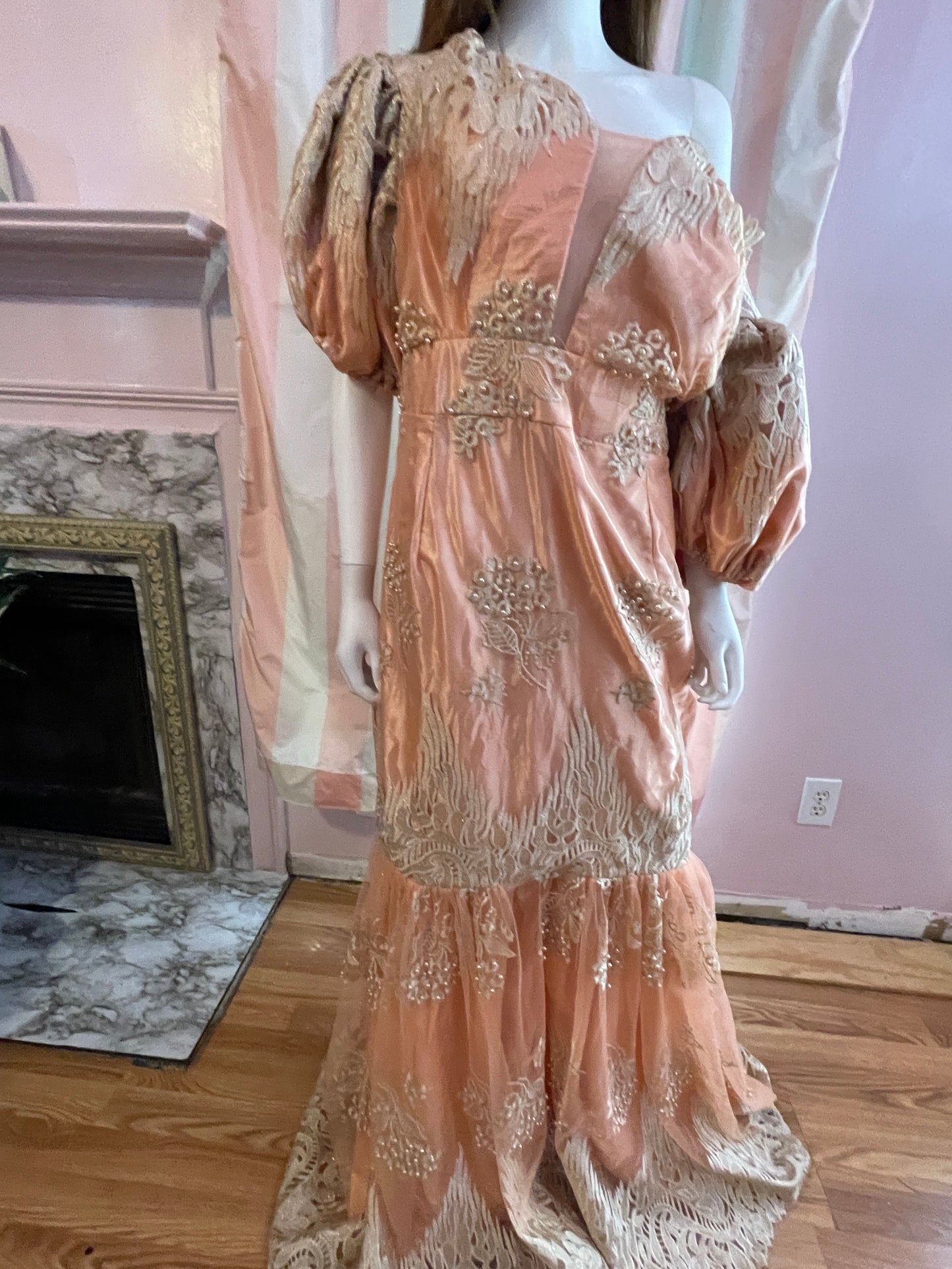 Vintage Pink Peach Satin Lace Dress Gown