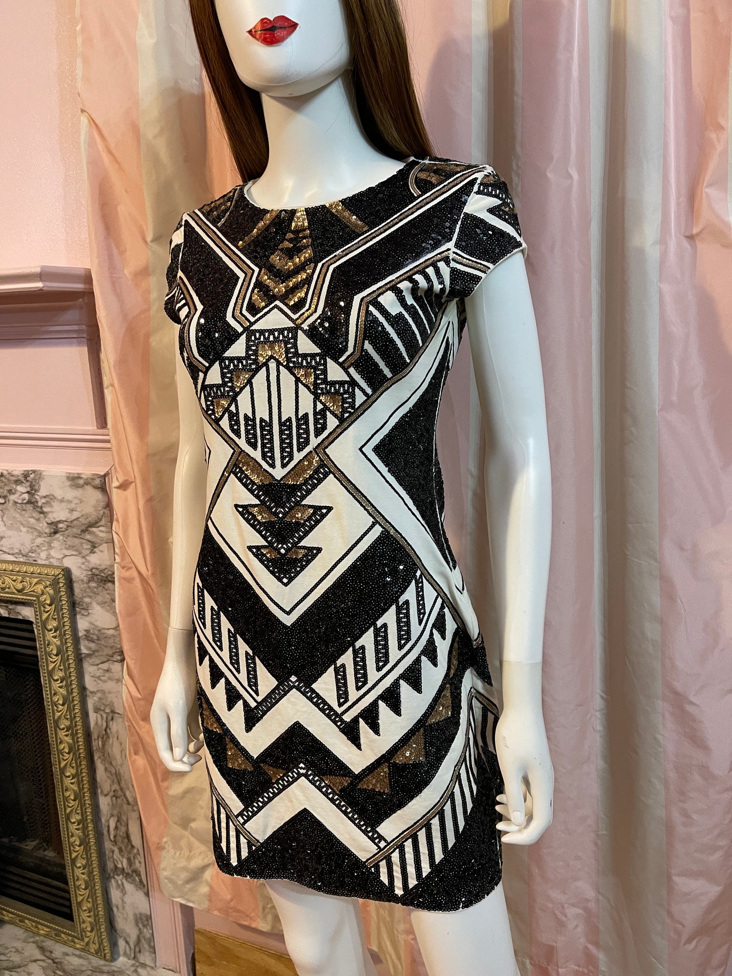 White Black Tribal Abstract Sequin Mini Dress