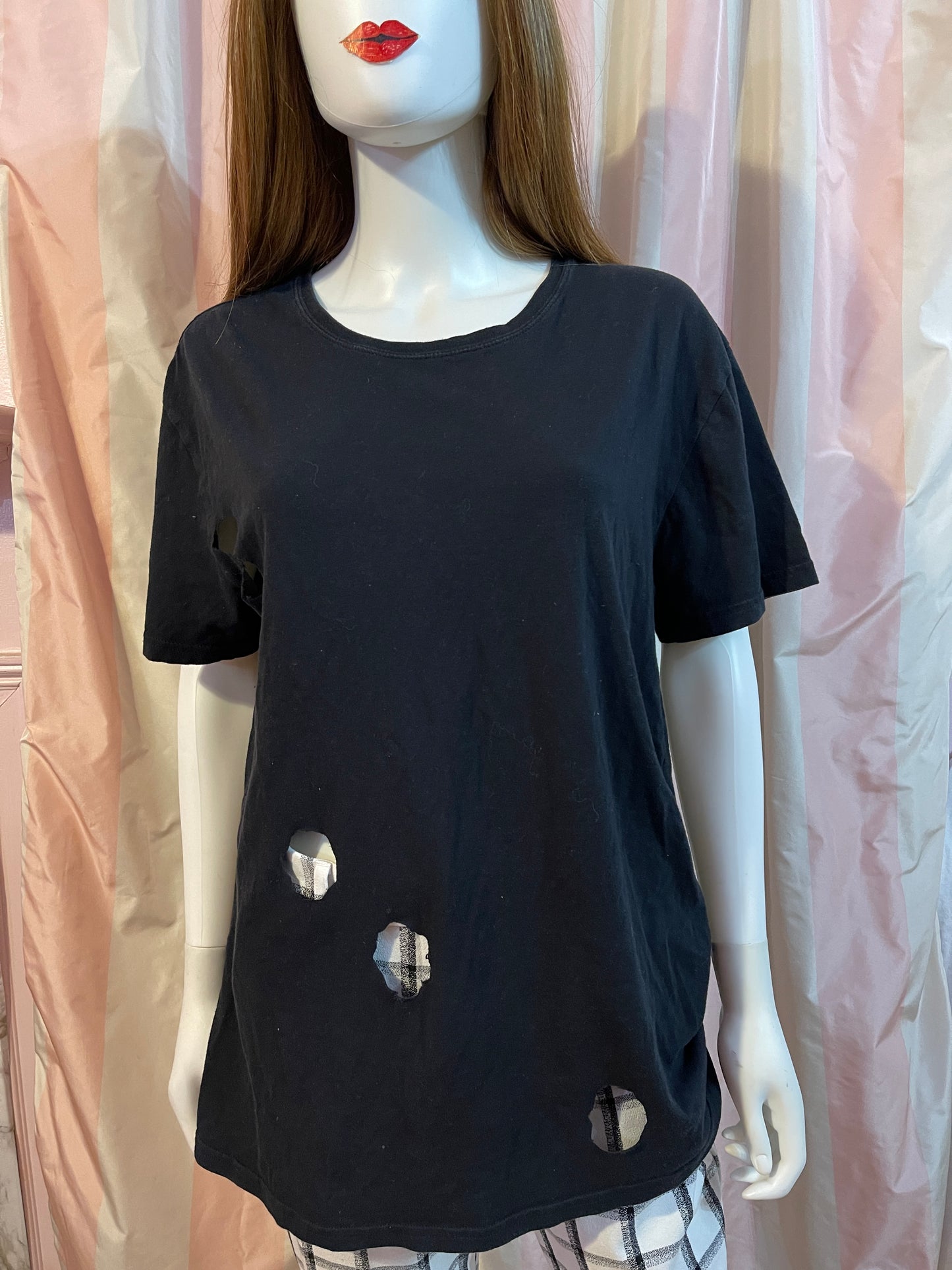 Black Cut Out Large Tee Shirt with White Plaid Trousers