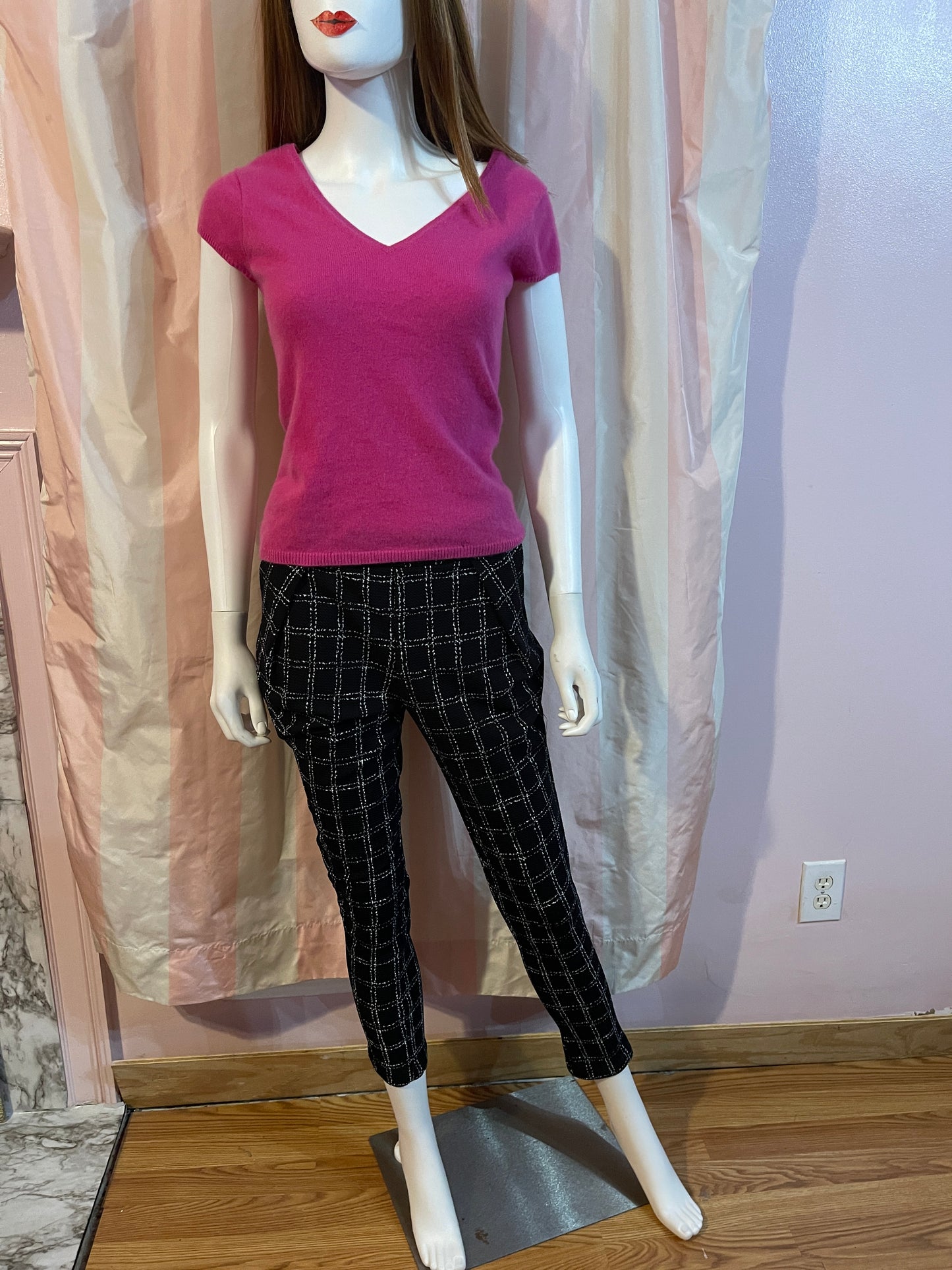 Hot Pink Fuschia Cashmere 100% Sweater & Black Pants