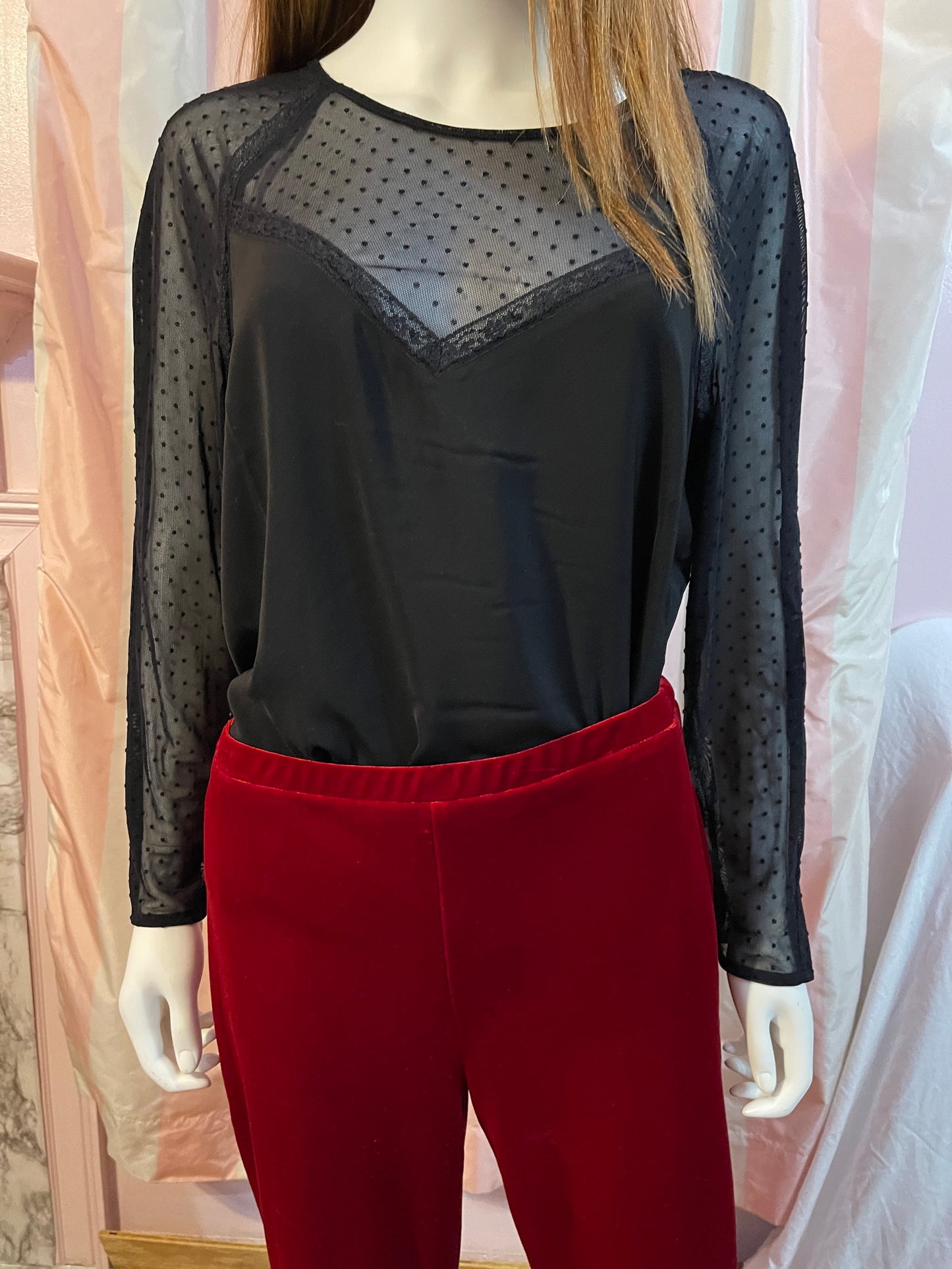 Black Lace Sheer Top and Red Velvet Pants