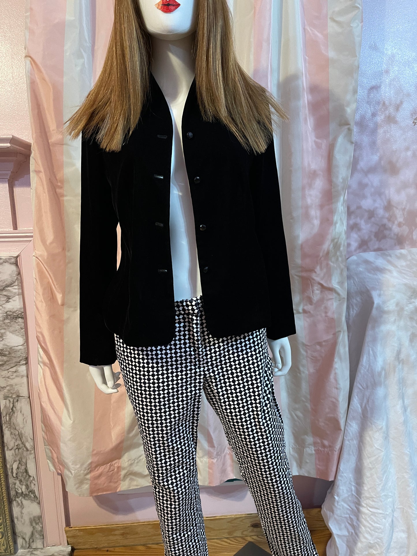Black Velvet Shirt Jacket & Blk White Trouser Pants