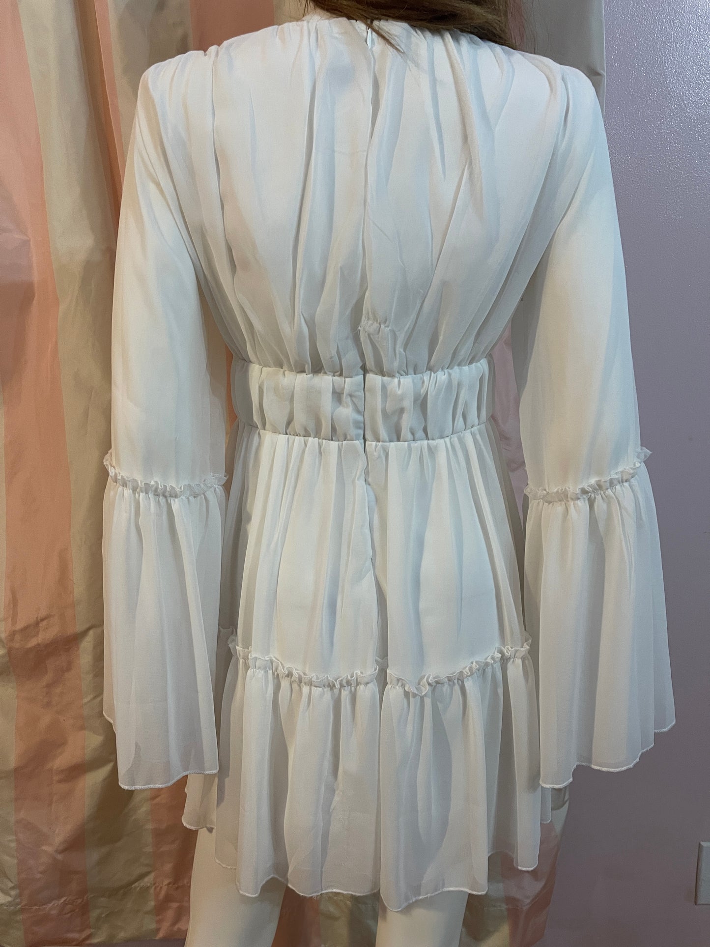 White Sheer Layered Plunge Wedding Empire Baby Doll Flounce Boho Dress