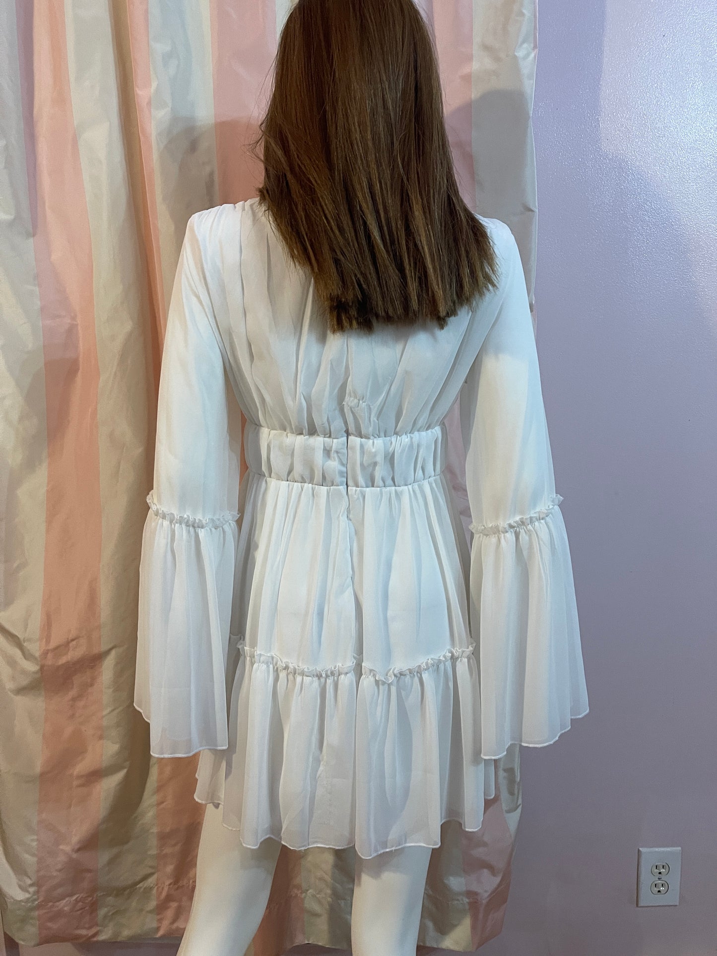 White Sheer Layered Plunge Wedding Empire Baby Doll Flounce Boho Dress