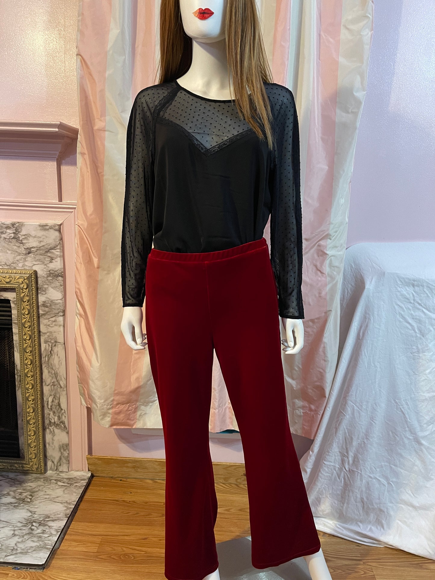 Black Lace Sheer Top and Red Velvet Pants