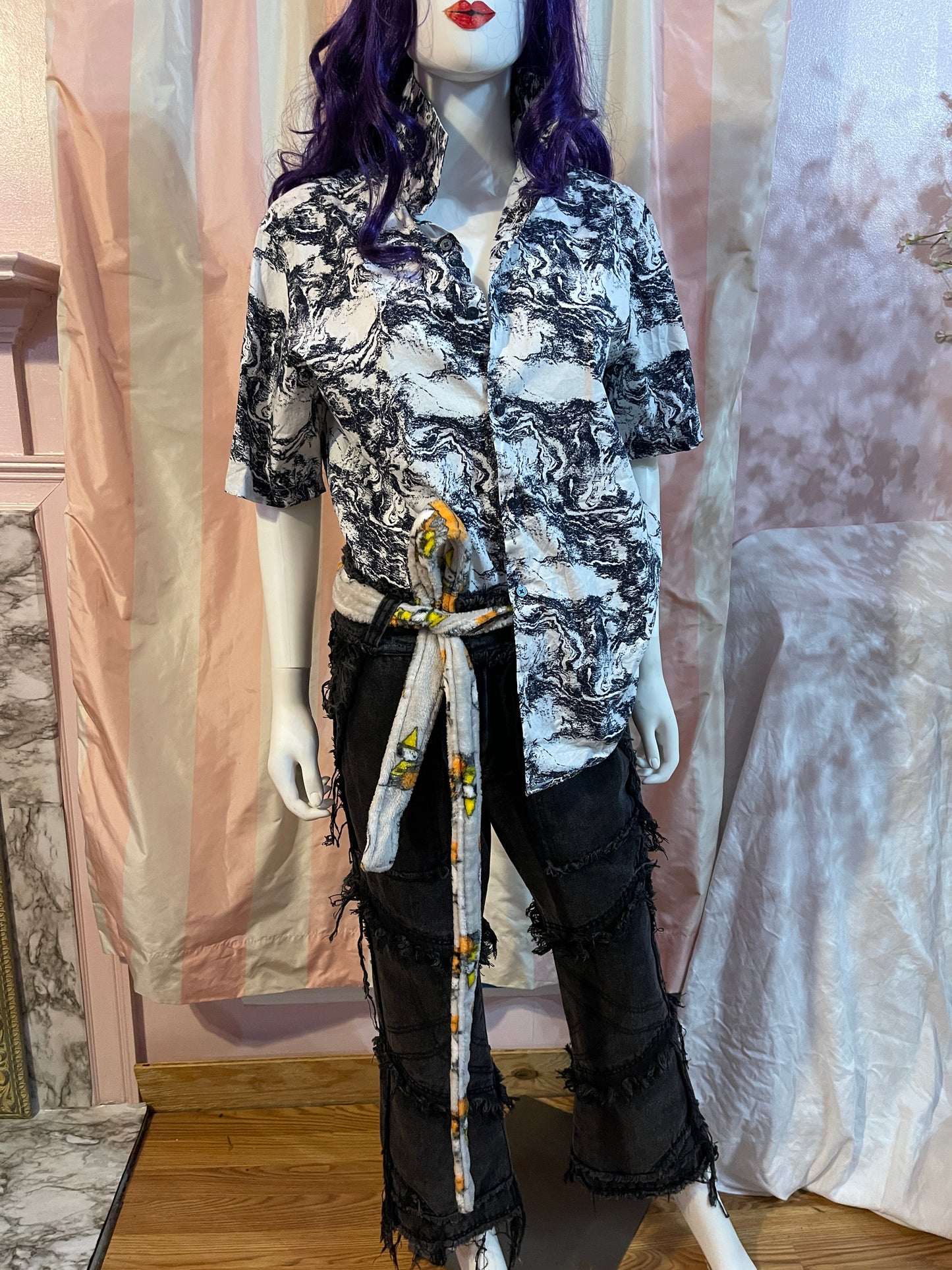 White Abstract short sleeve button shirt