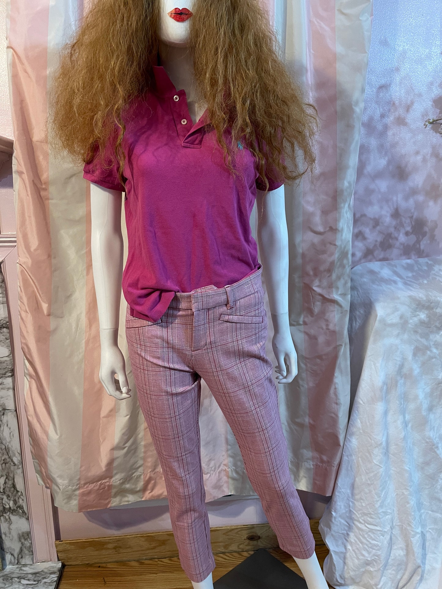 Pink Polo with Pink plaid trousers