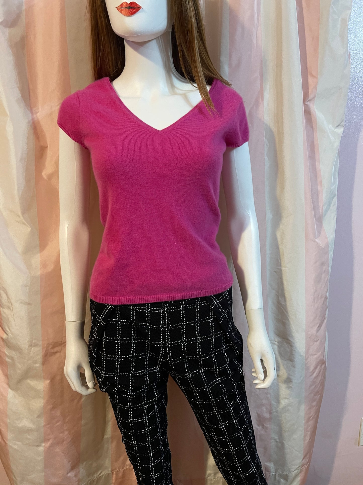 Hot Pink Fuschia Cashmere 100% Sweater & Black Pants