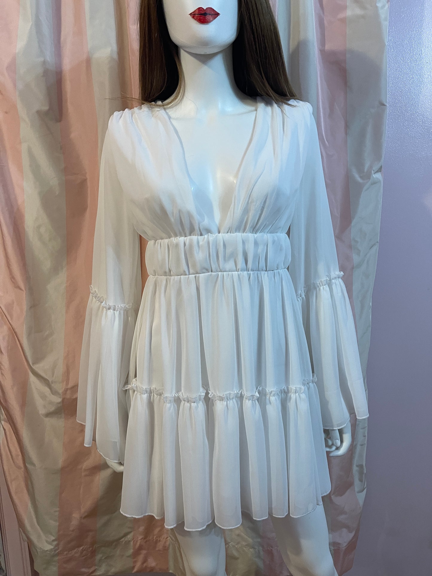 White Sheer Layered Plunge Wedding Empire Baby Doll Flounce Boho Dress