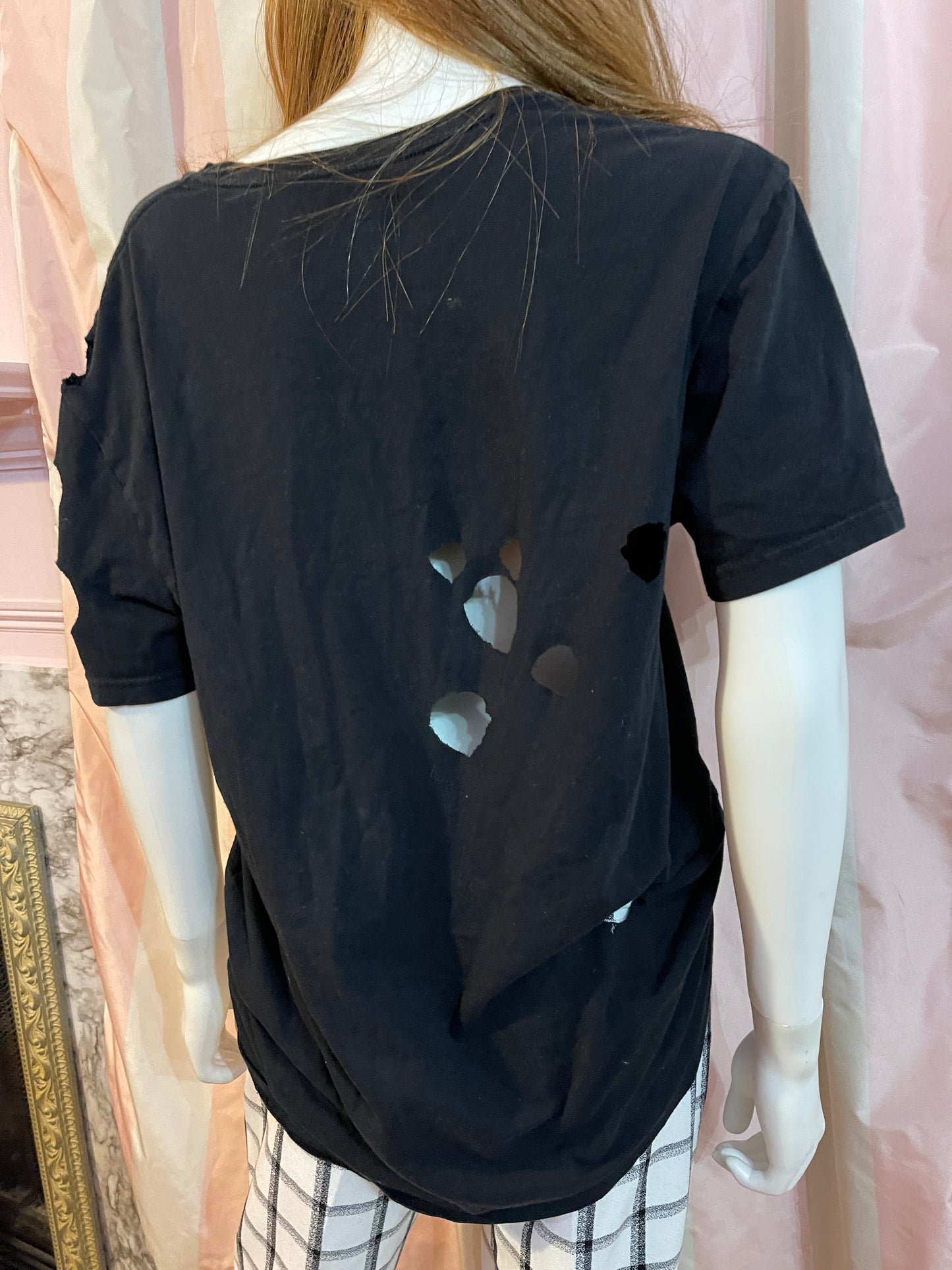 Black Cut Out Large Tee Shirt with White Plaid Trousers