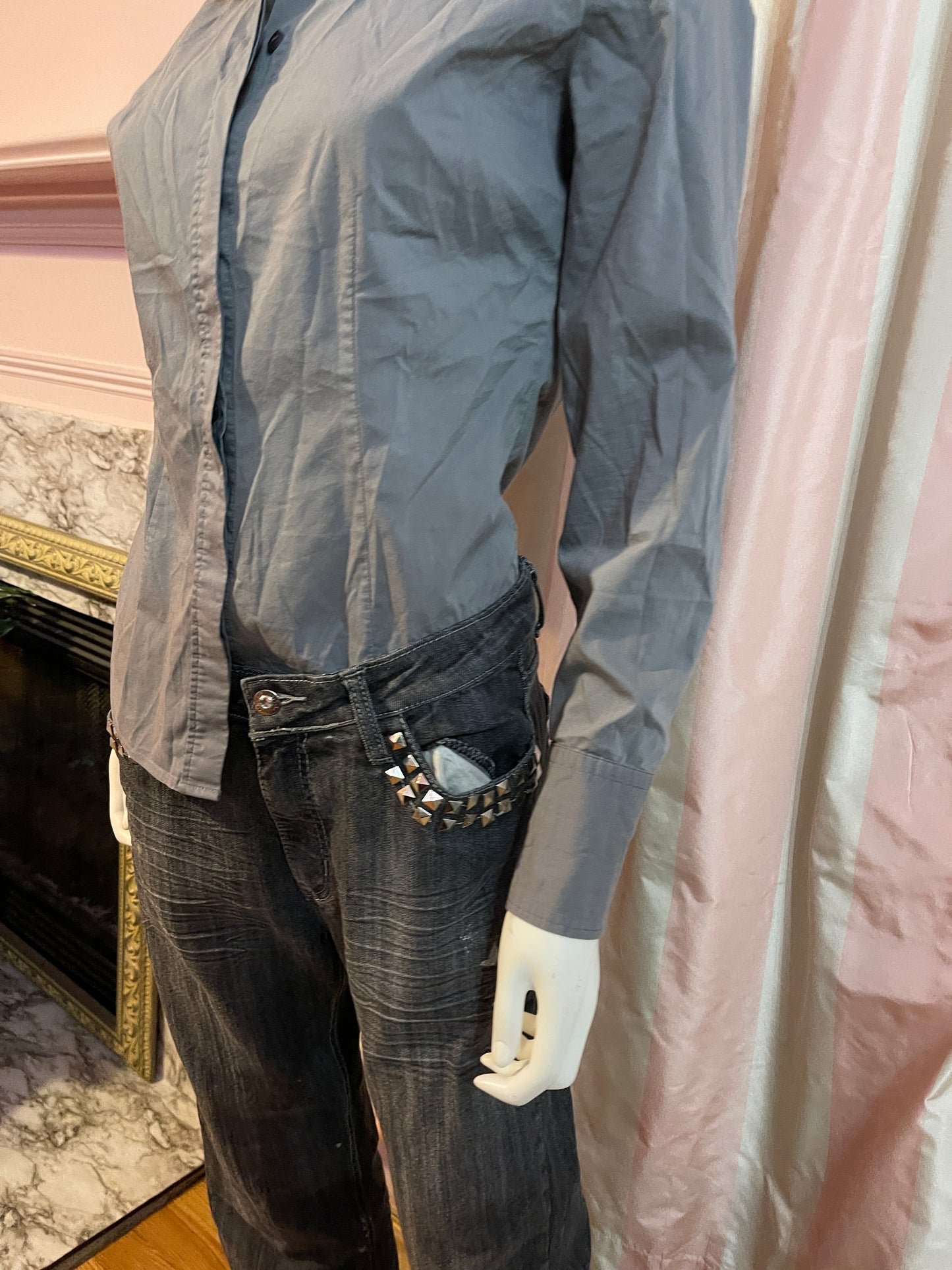 Gray shirt , studded jeans