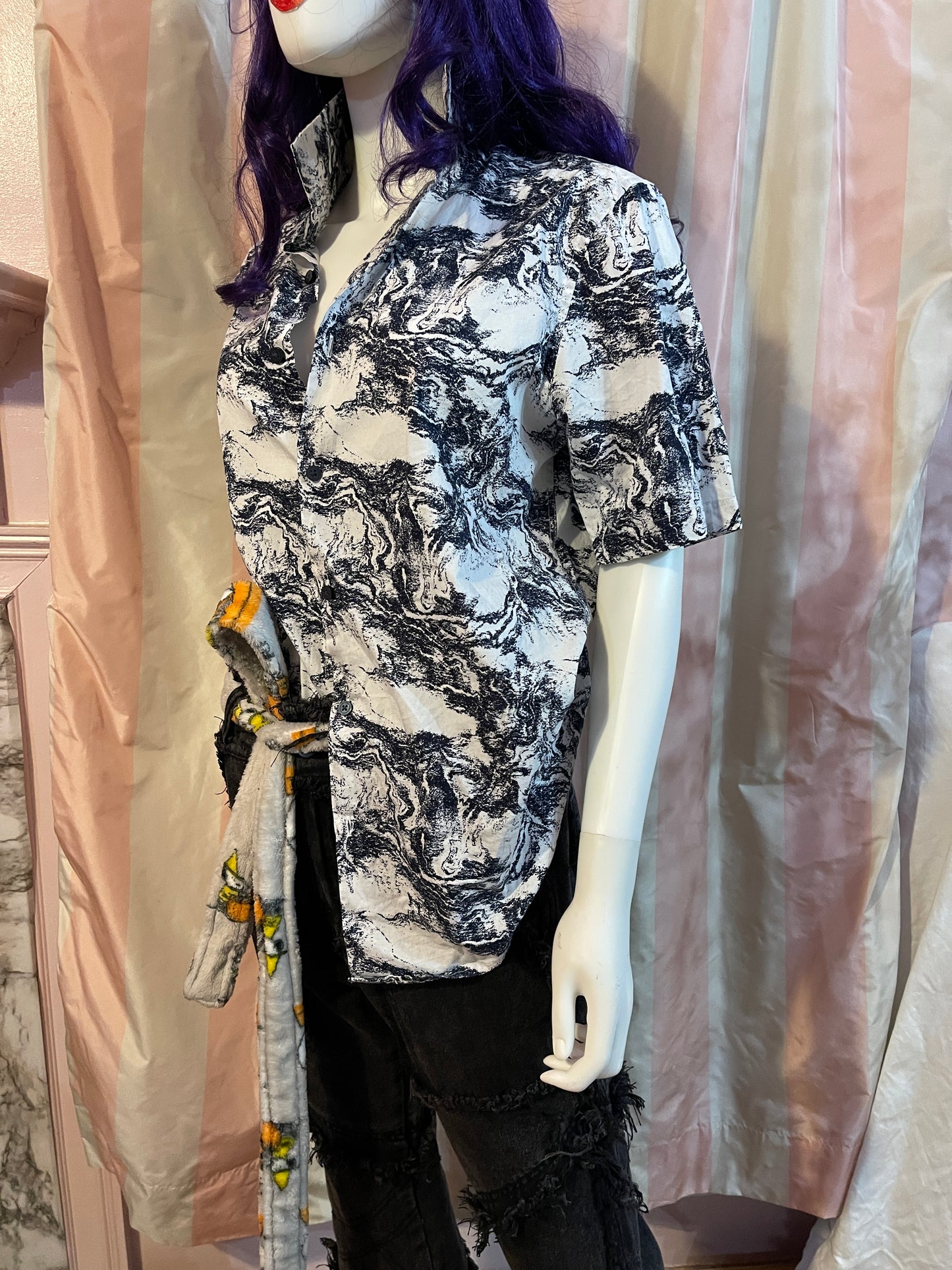 White Abstract short sleeve button shirt