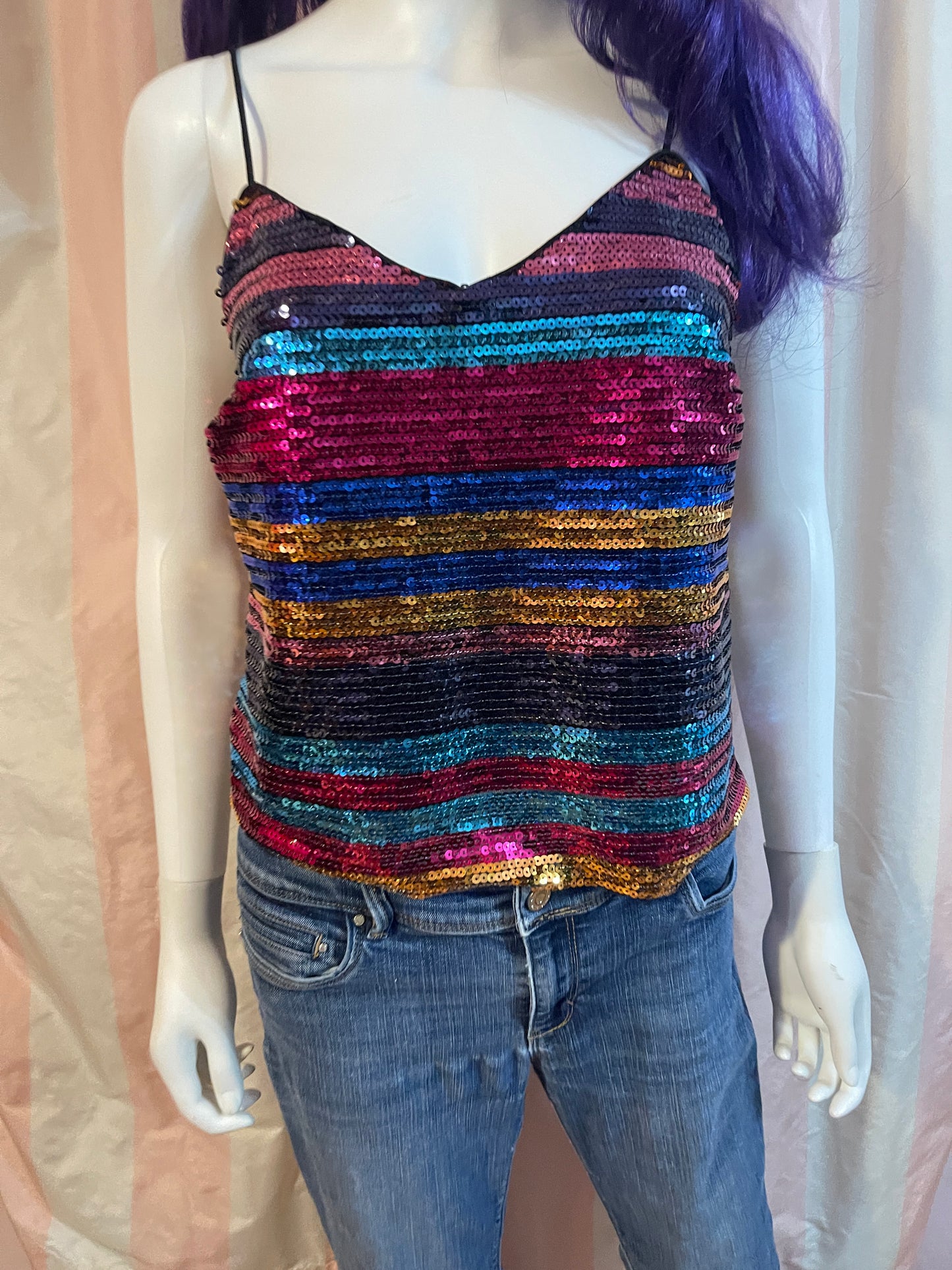 Rainbow Disco Sequin Top & Distressed Denim Jeans